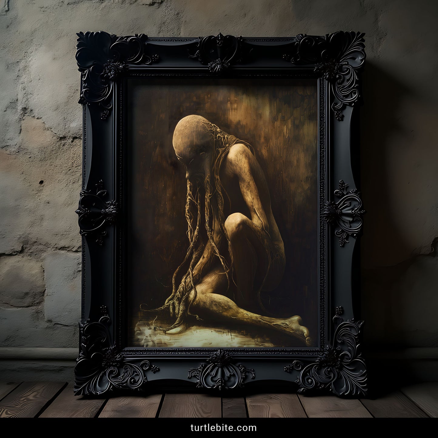 Creepy gothic art print with faceless bent figure, surreal dark decor, memento mori theme, unsettling wall art