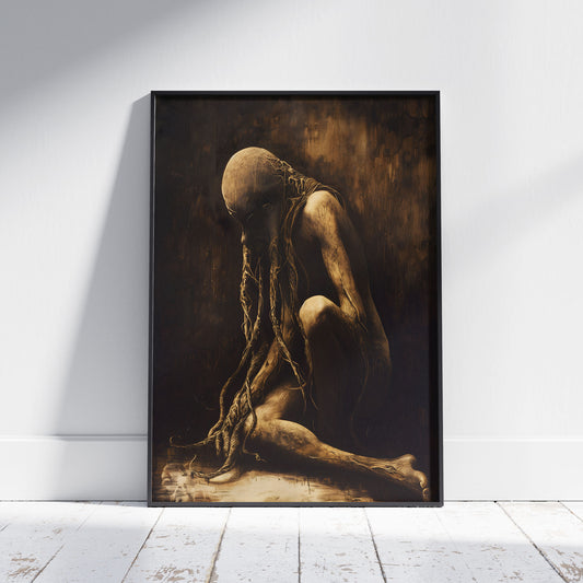 Horror art print featuring faceless skeletal figure hunched forward with rope bindings, sepia tones, gothic dark wall decor
