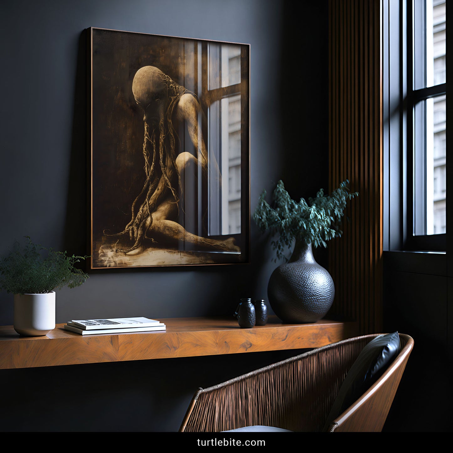 Disturbing surreal art showing emaciated bound figure bent in despair, macabre memento mori poster, creepy gothic home decoration