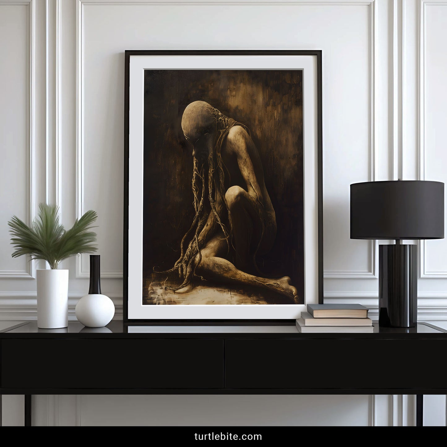 Macabre art featuring skeletal humanoid with rope restraints hunched forward, horror themed wall print, bizarre gothic interior design