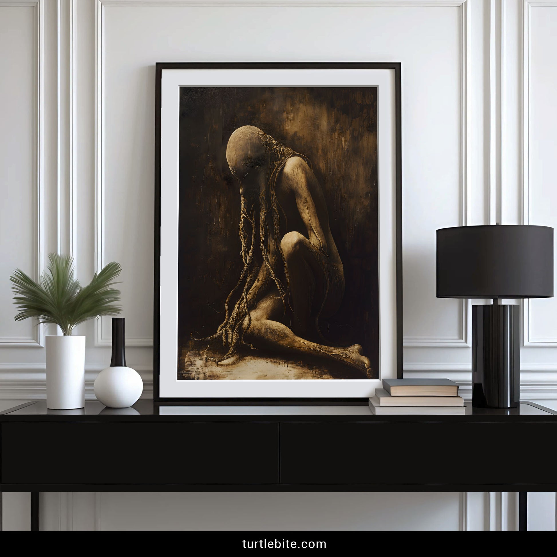 Macabre art featuring skeletal humanoid with rope restraints hunched forward, horror themed wall print, bizarre gothic interior design