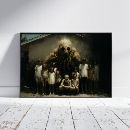 Horror family art print showing creepy monster creature with children in dark surreal painting style