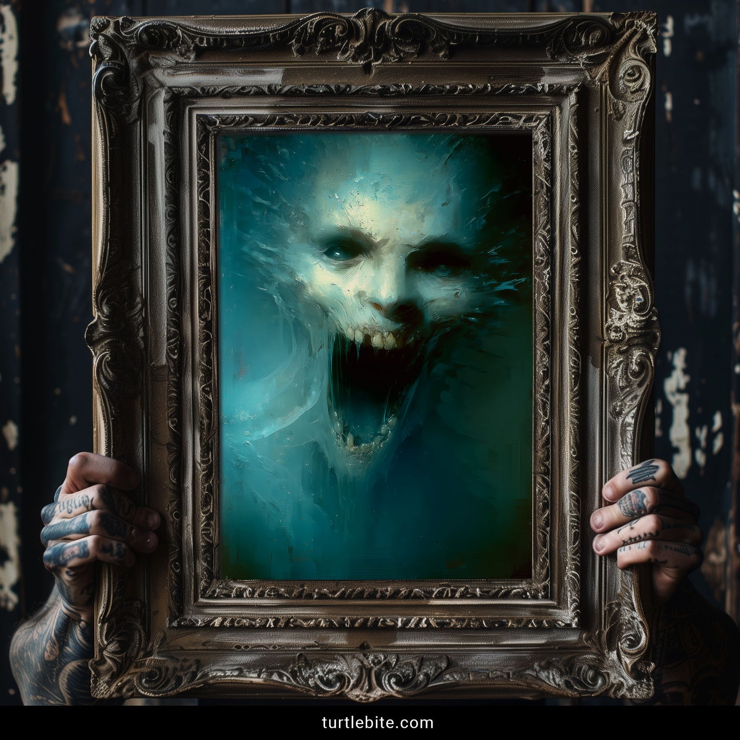 Creepy nightmare artwork featuring ghostly skull emerging from ocean depths in surreal gothic style wall print