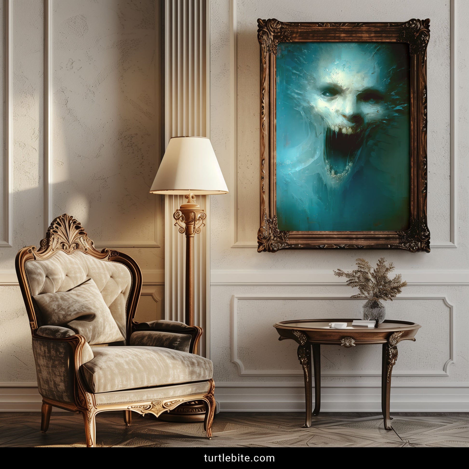 Disturbing surreal art print of spectral demon skull submerged in dark oceanic blues for alternative gothic home