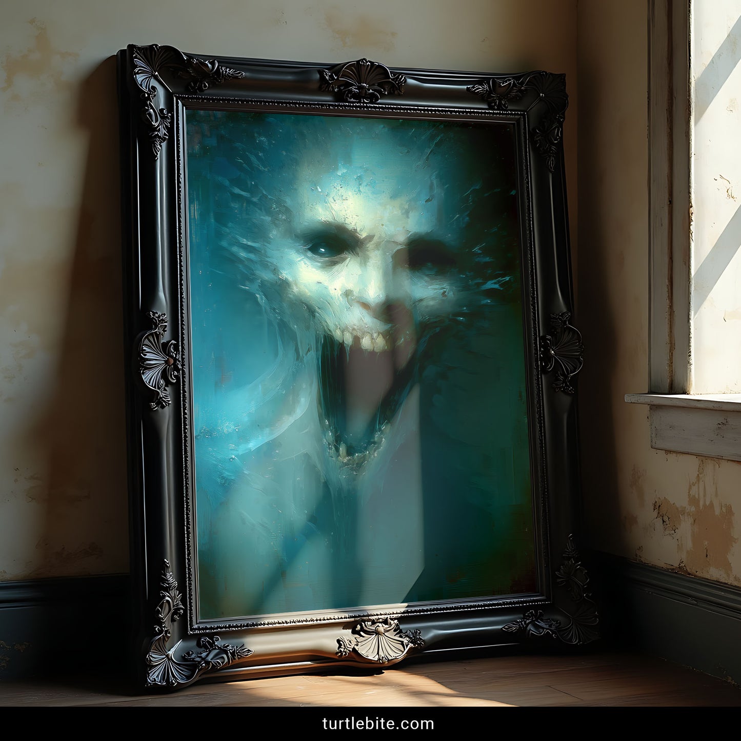 Disturbing surreal art print of spectral demon skull submerged in dark oceanic blues for alternative gothic home