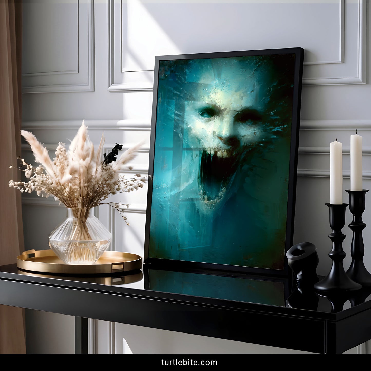 Creepy nightmare artwork featuring ghostly skull emerging from ocean depths in surreal gothic style wall print