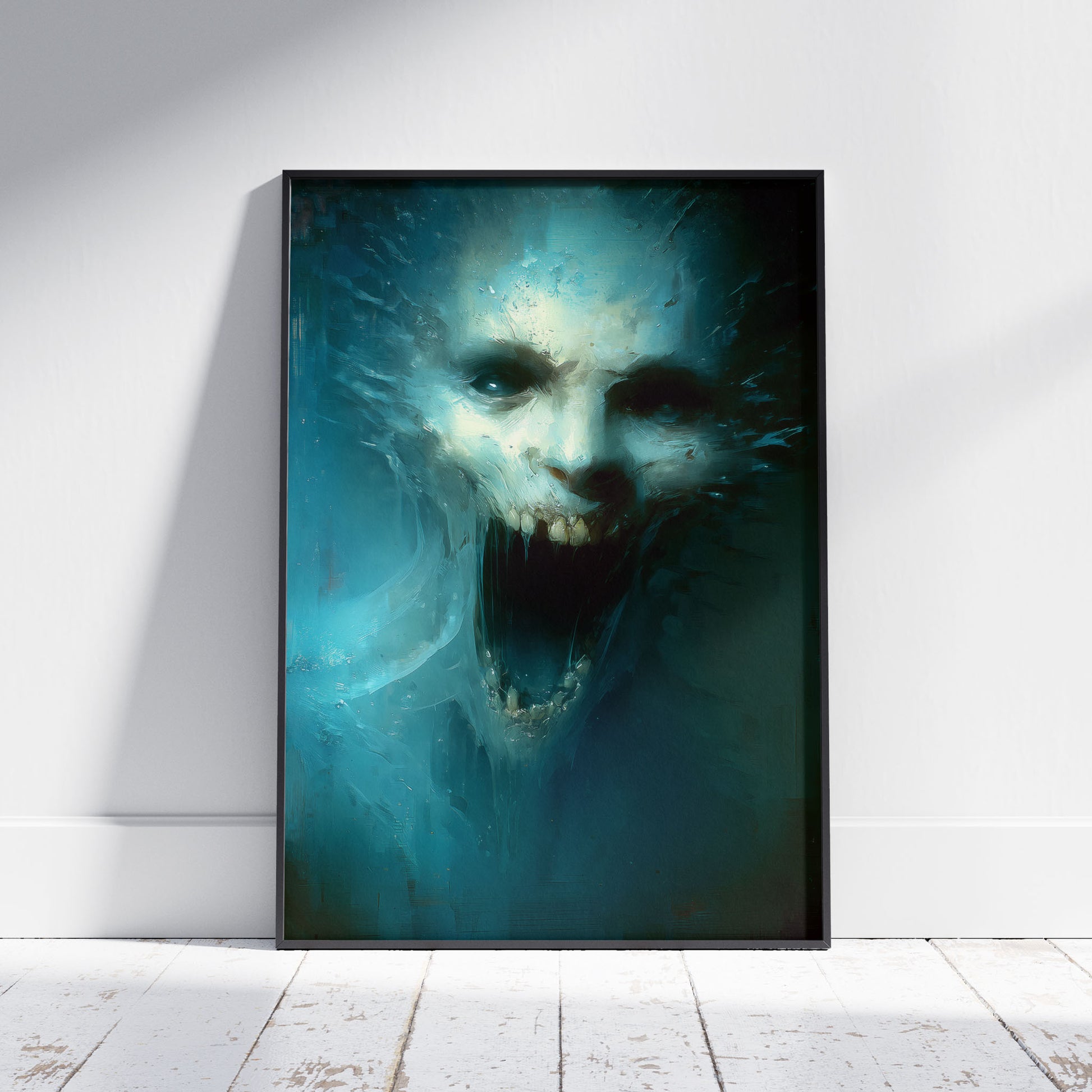 Demonic skull screaming underwater in teal and blue horror poster with painterly brushstrokes for dark art lovers