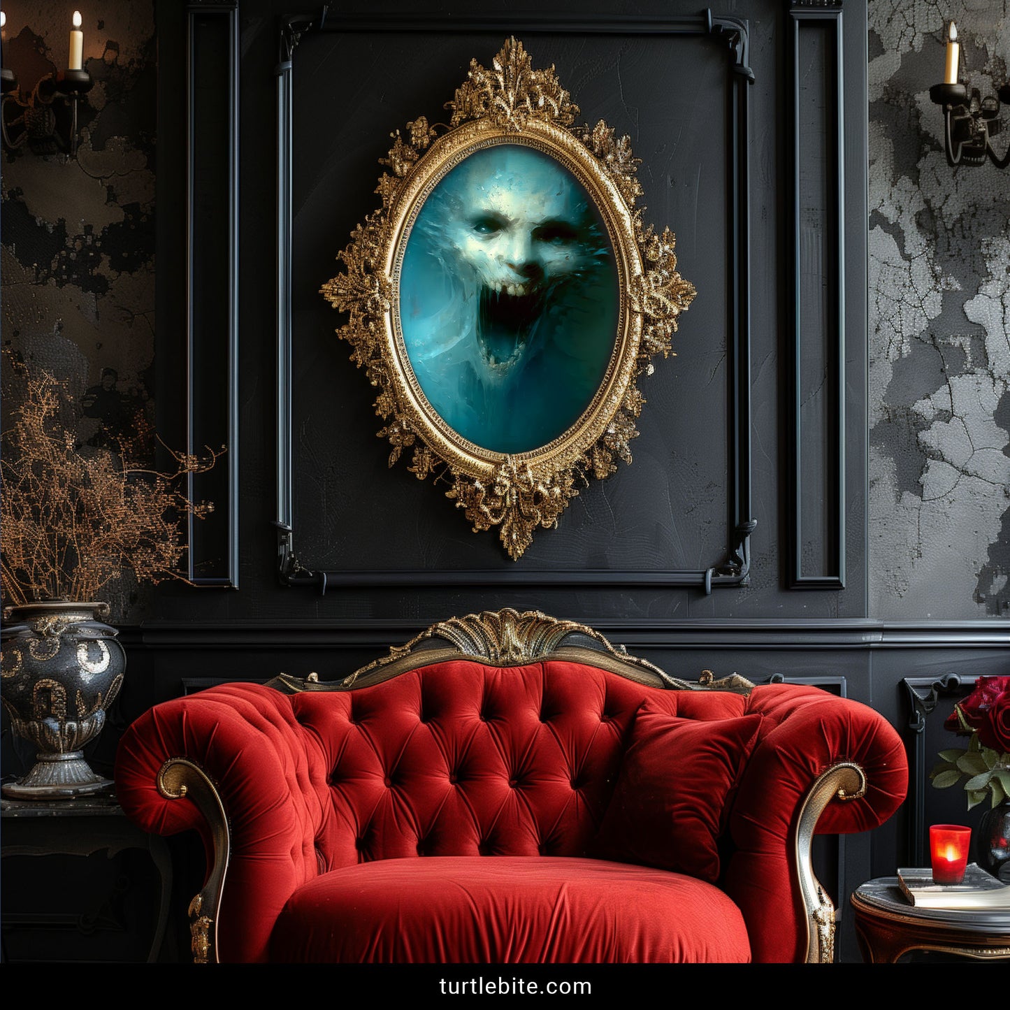 Mysterious horror wall art depicting ethereal underwater skull in painterly nightmare style for dark academia aesthetic
