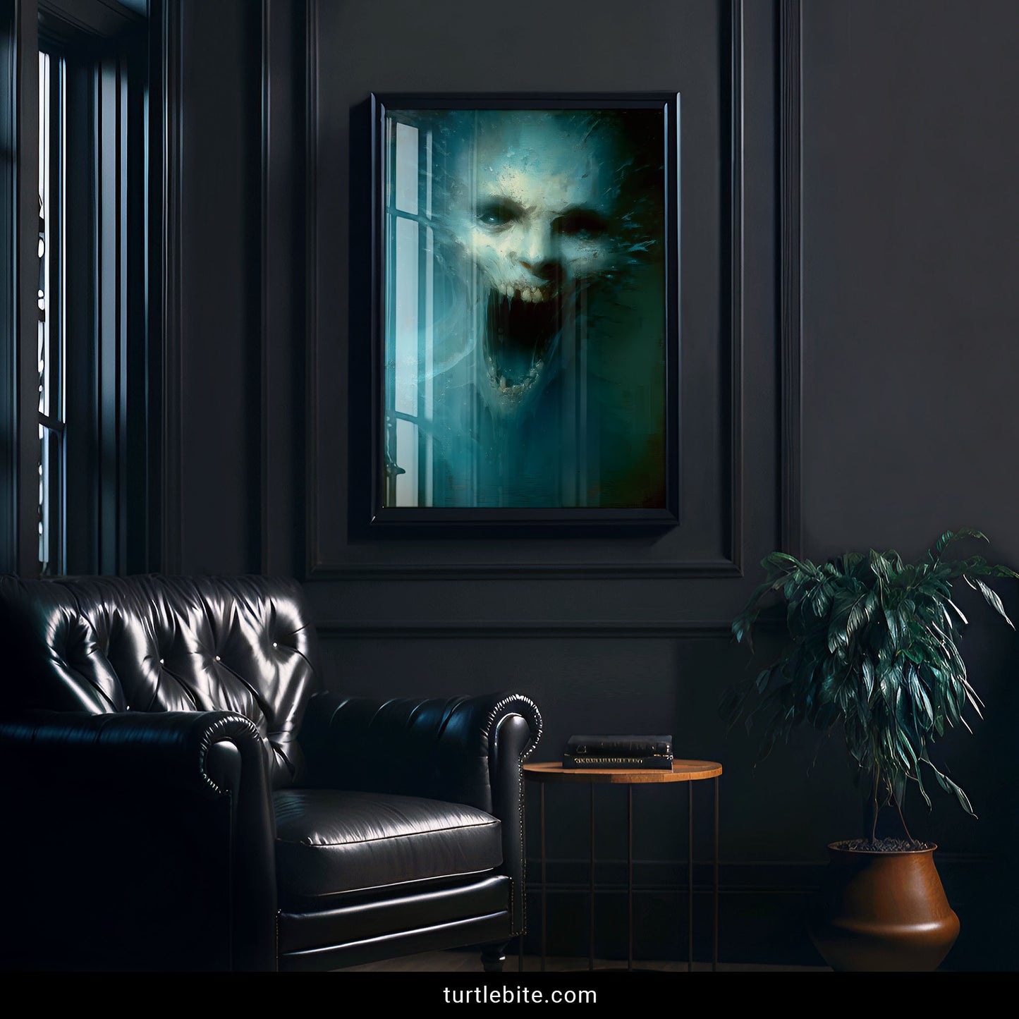 Macabre underwater skull art poster with hollow eyes and exposed teeth in haunting teal atmospheric horror decor
