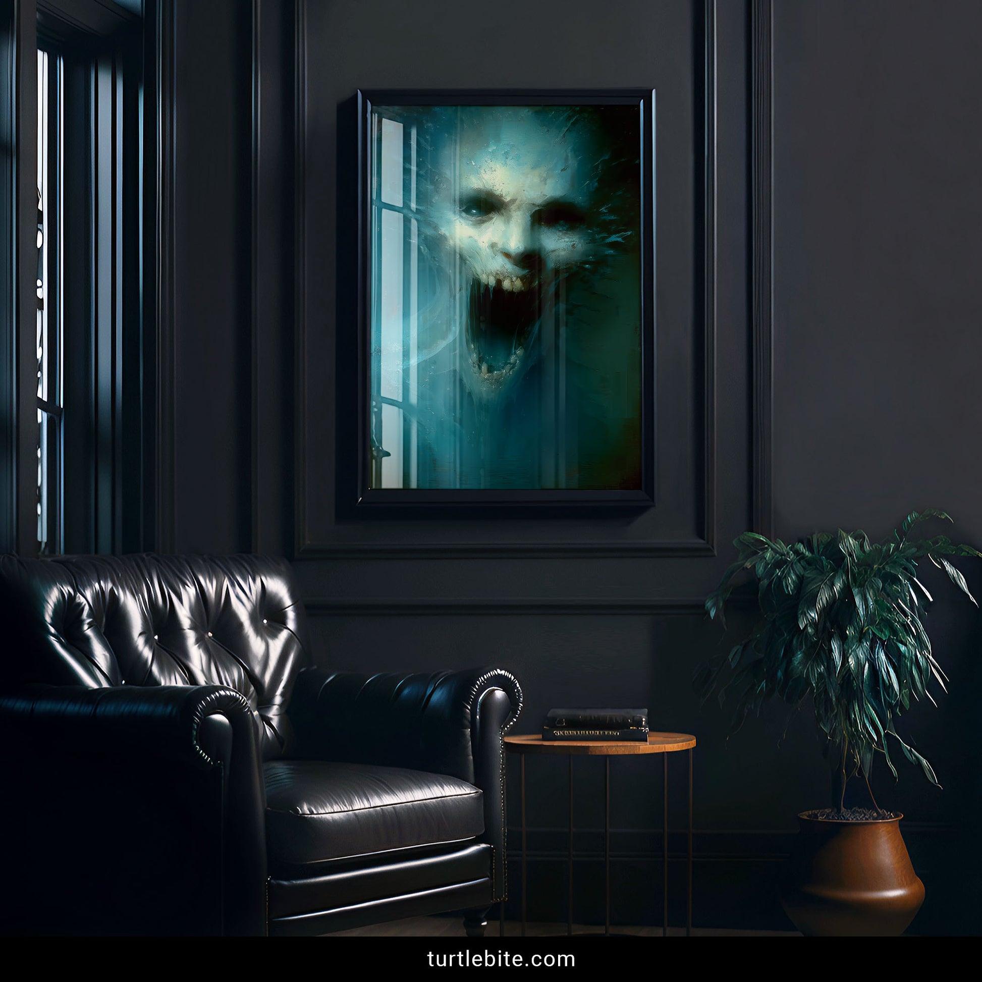 Macabre underwater skull art poster with hollow eyes and exposed teeth in haunting teal atmospheric horror decor