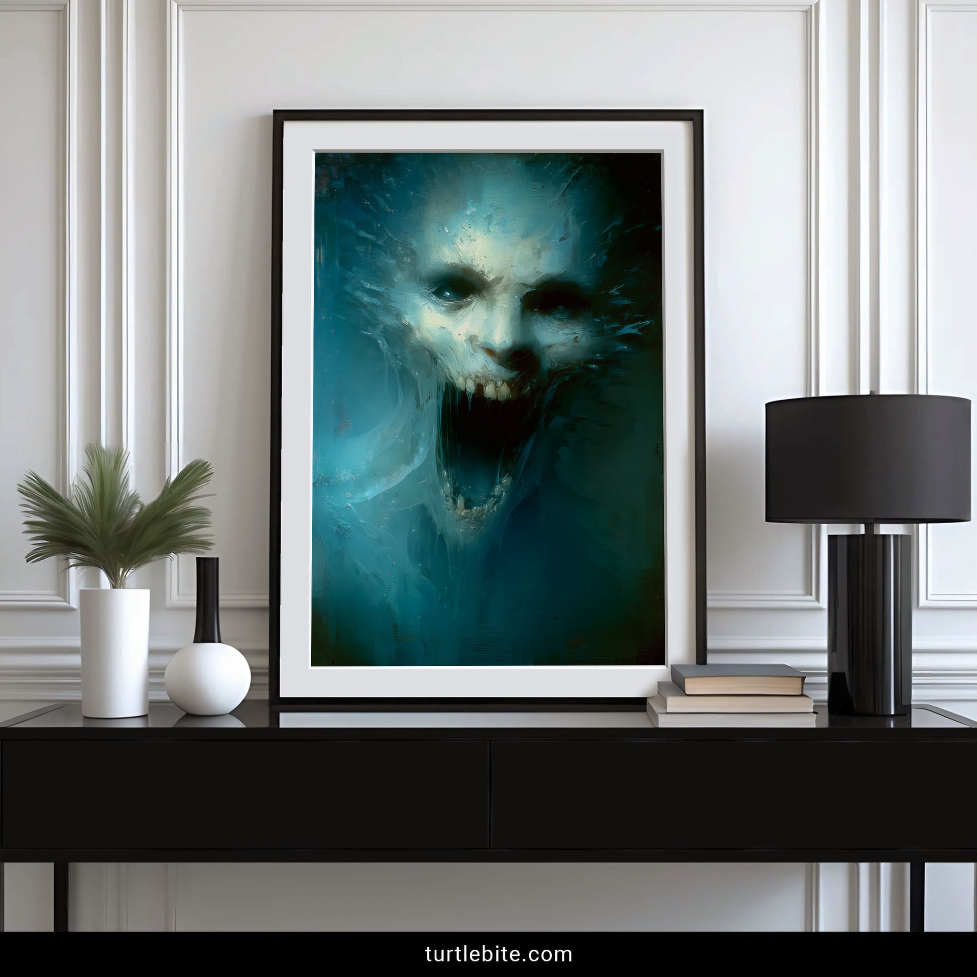 Macabre underwater skull art poster with hollow eyes and exposed teeth in haunting teal atmospheric horror decor