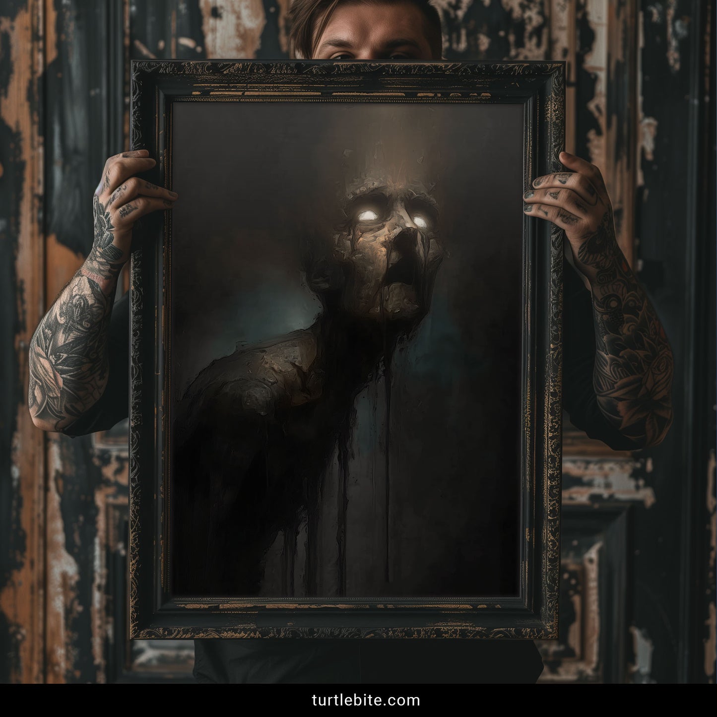 Disturbing dark surrealism art print showing haunting portrait with illuminated eyes and weathered face expressing shock