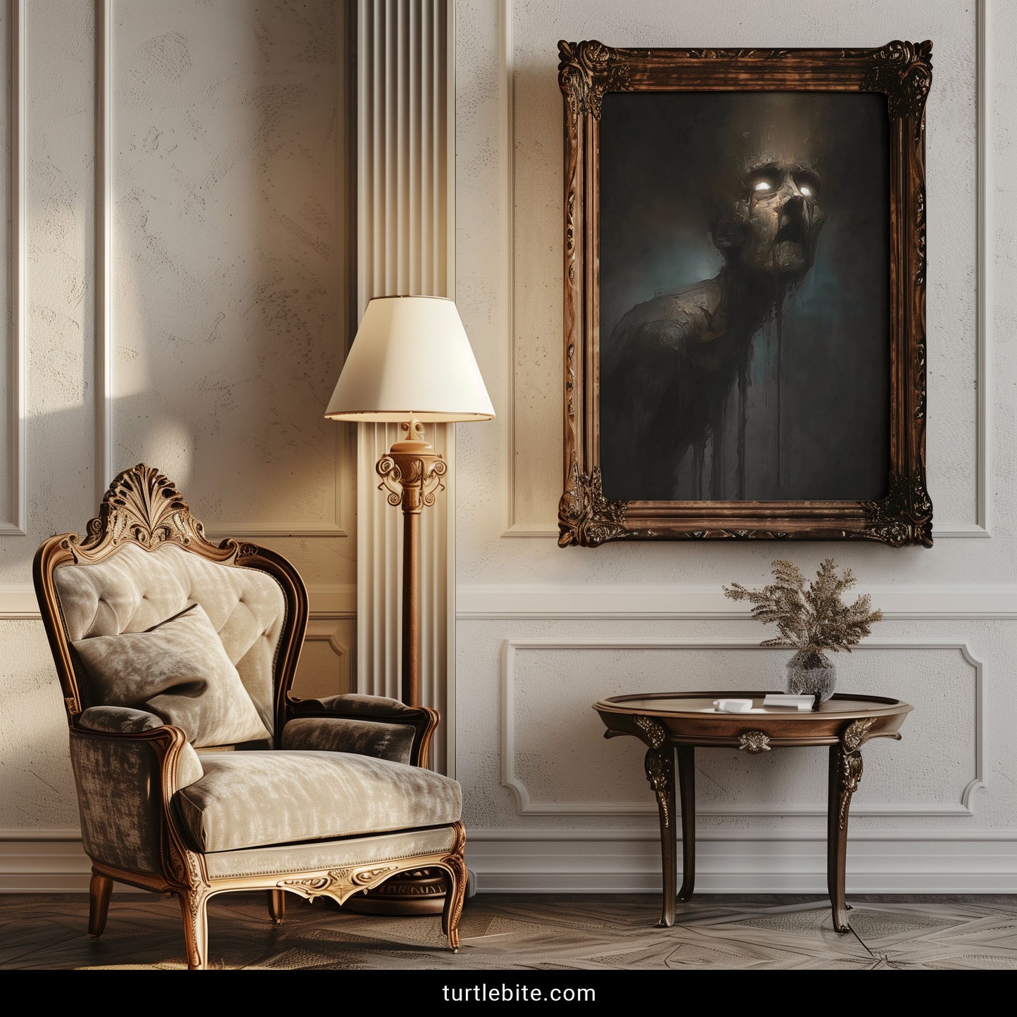 Eerie wall art depicting dystopian portrait with glowing eyes and ethereal smoke in shadowy atmosphere