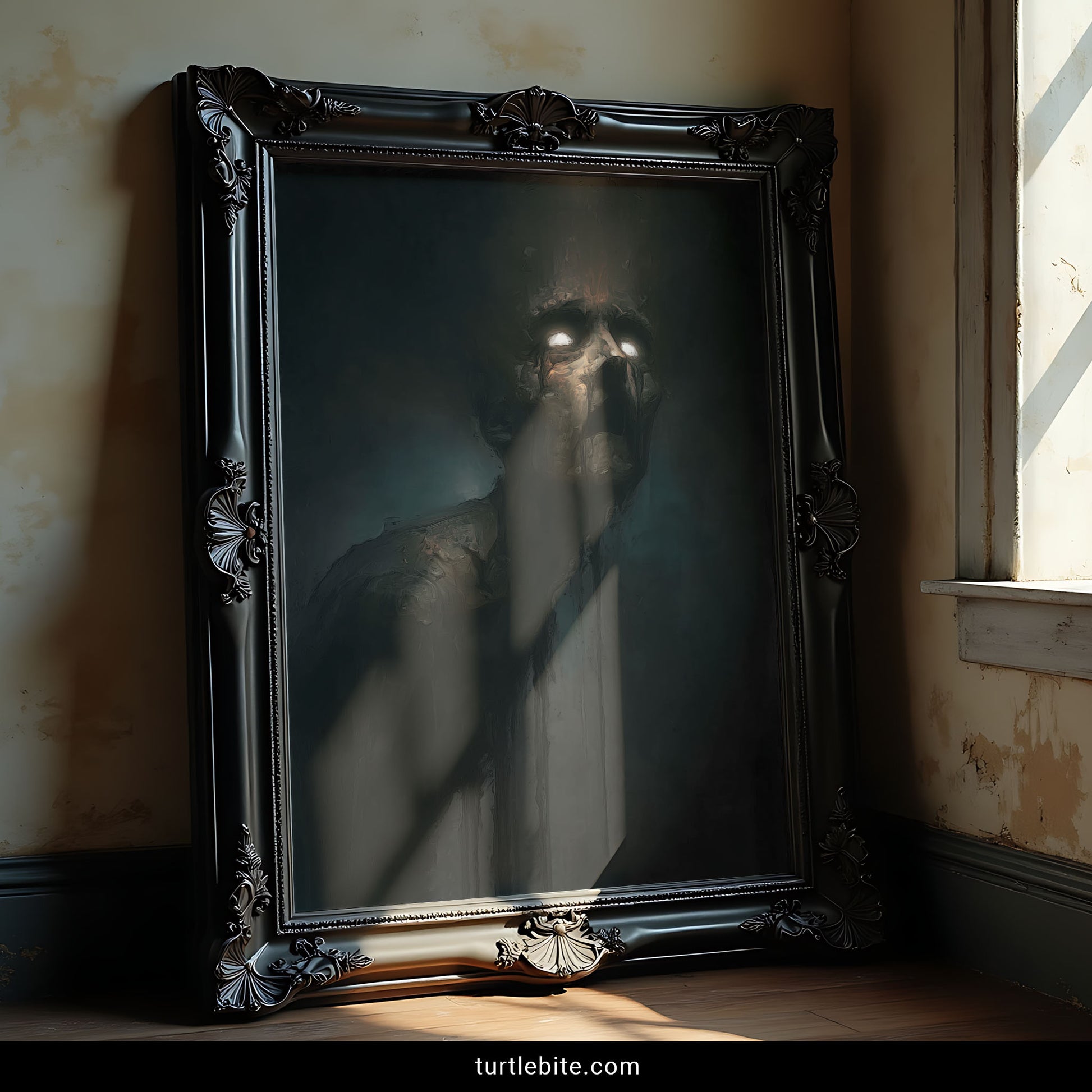 Gothic nightmare painting of corpse-like figure frozen in existential horror with mouth agape