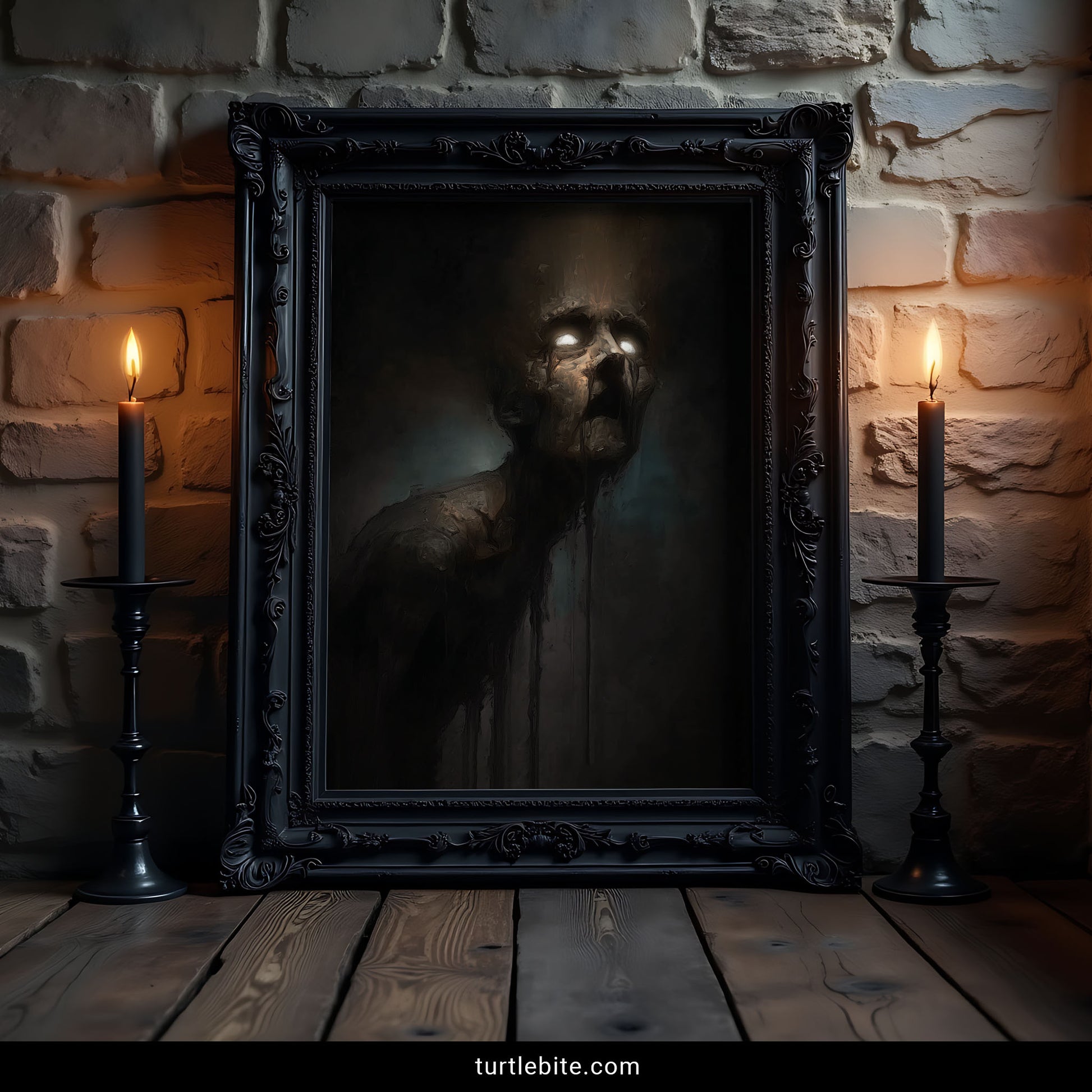 Eerie wall art depicting dystopian portrait with glowing eyes and ethereal smoke in shadowy atmosphere