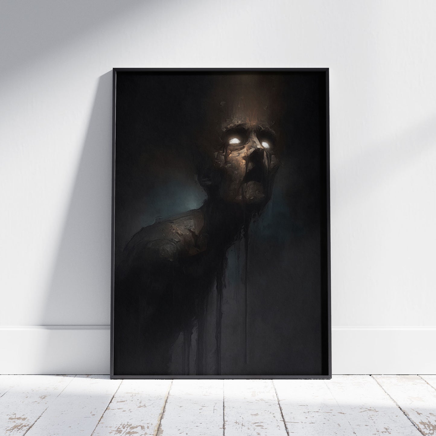 Horror poster featuring decayed figure with glowing eyes tilted back in disbelief against dark atmospheric background