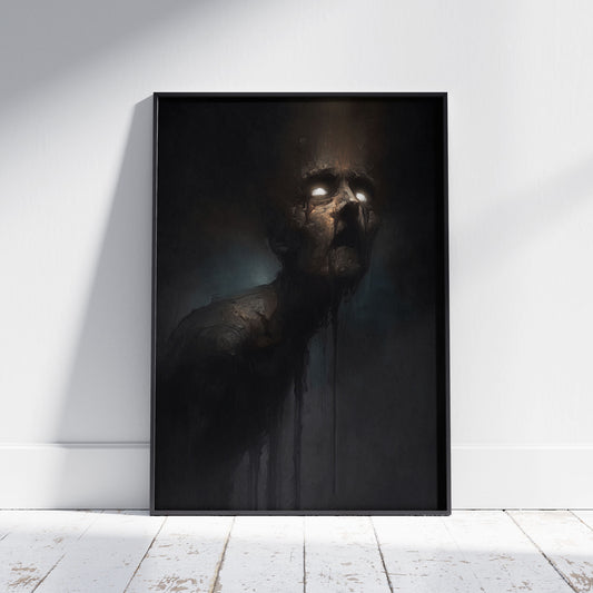 Horror poster featuring decayed figure with glowing eyes tilted back in disbelief against dark atmospheric background