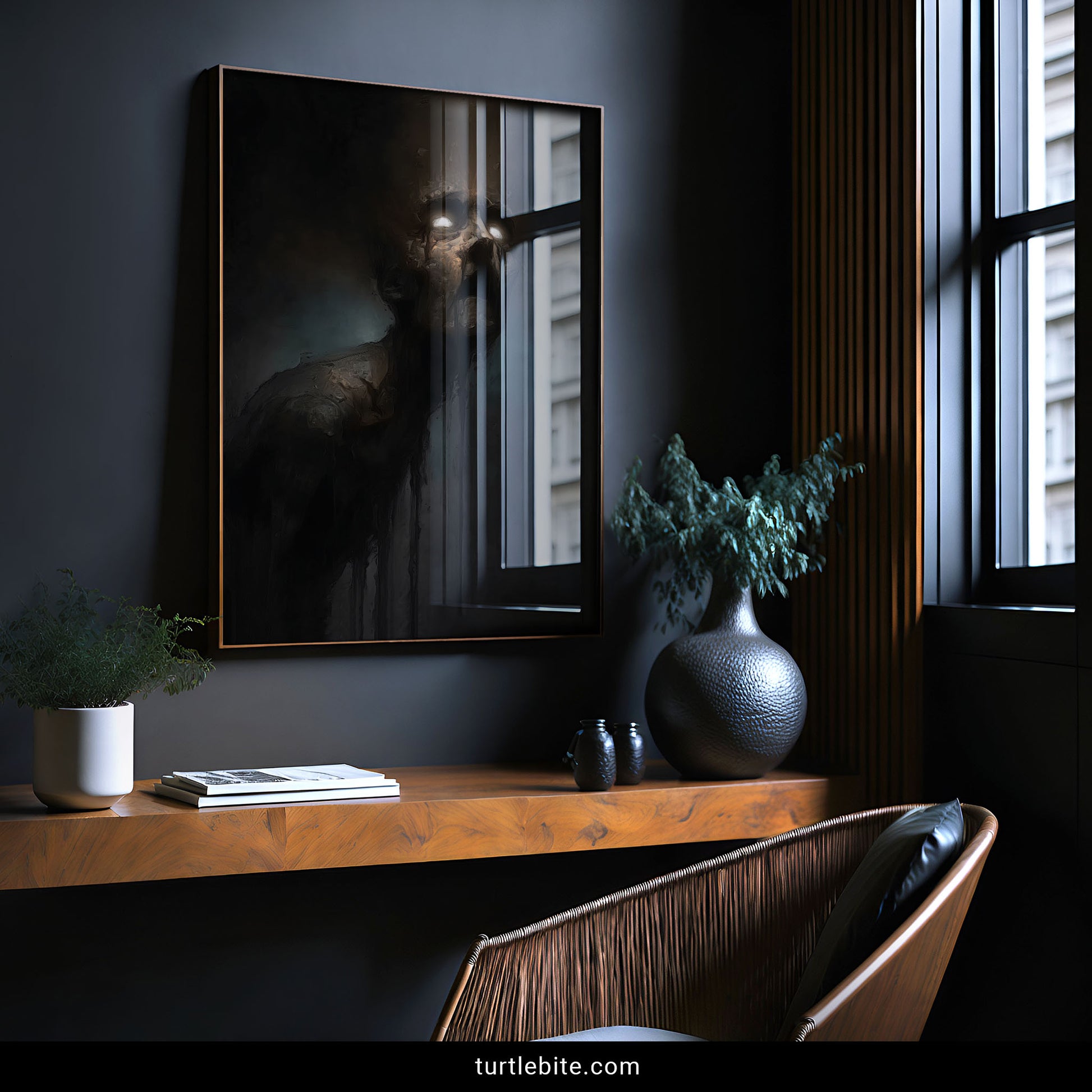 Disturbing dark surrealism art print showing haunting portrait with illuminated eyes and weathered face expressing shock