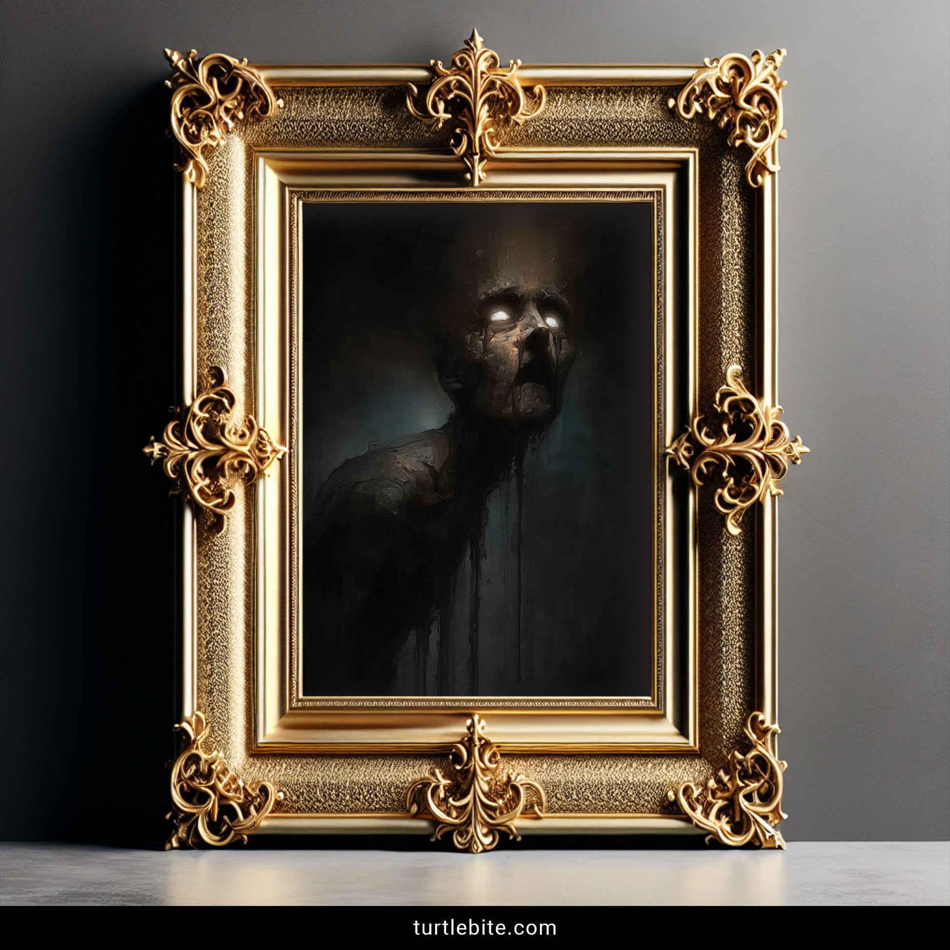 Macabre art print of haunting figure caught mid-realization with luminous eyes and decaying features