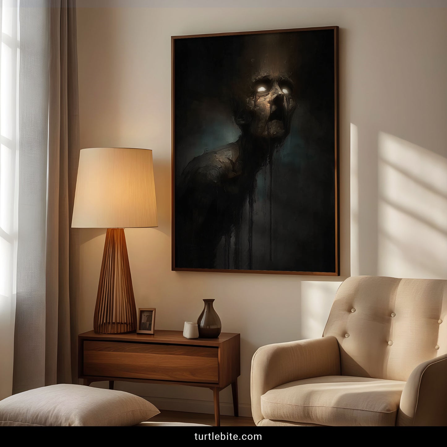 Macabre art print of haunting figure caught mid-realization with luminous eyes and decaying features