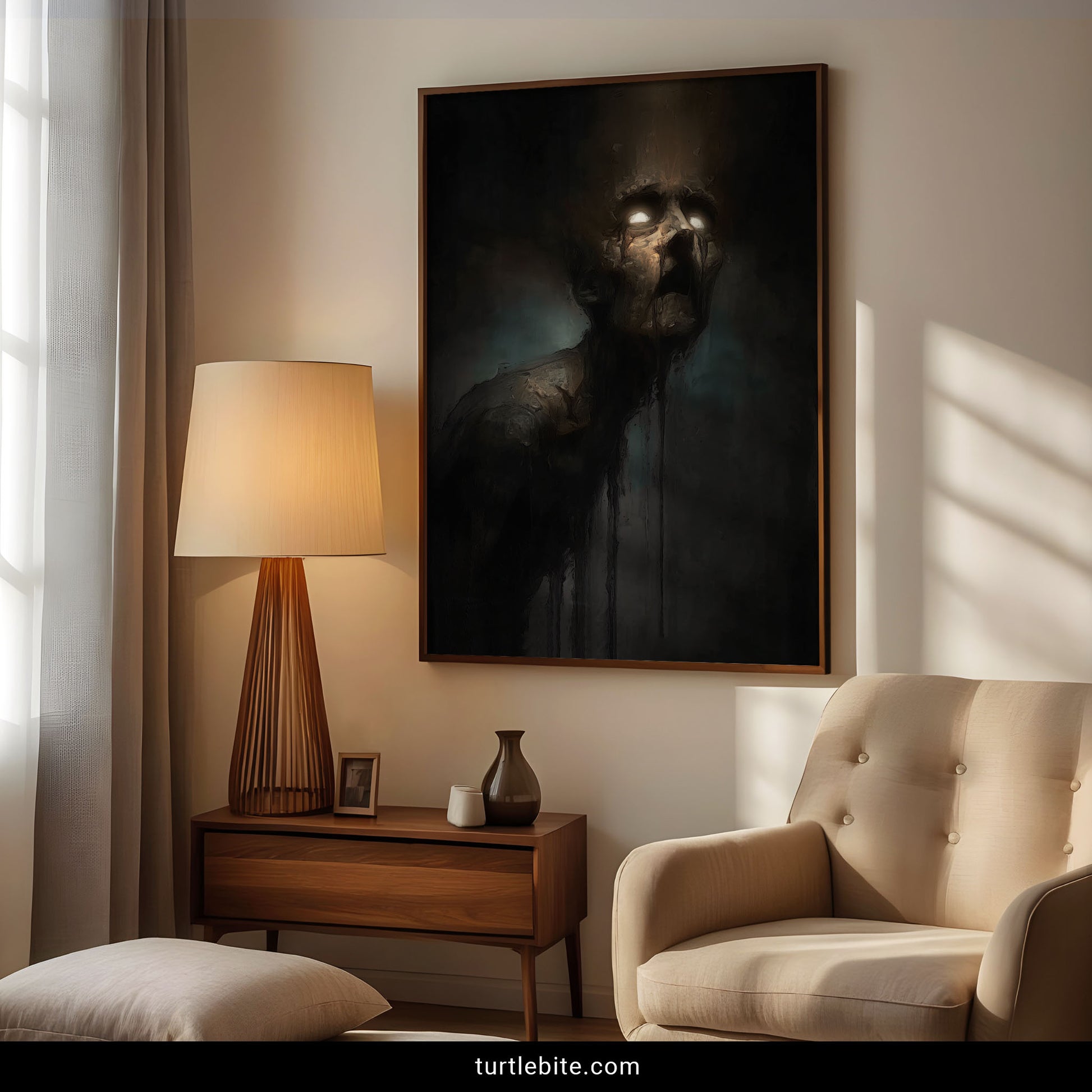 Macabre art print of haunting figure caught mid-realization with luminous eyes and decaying features