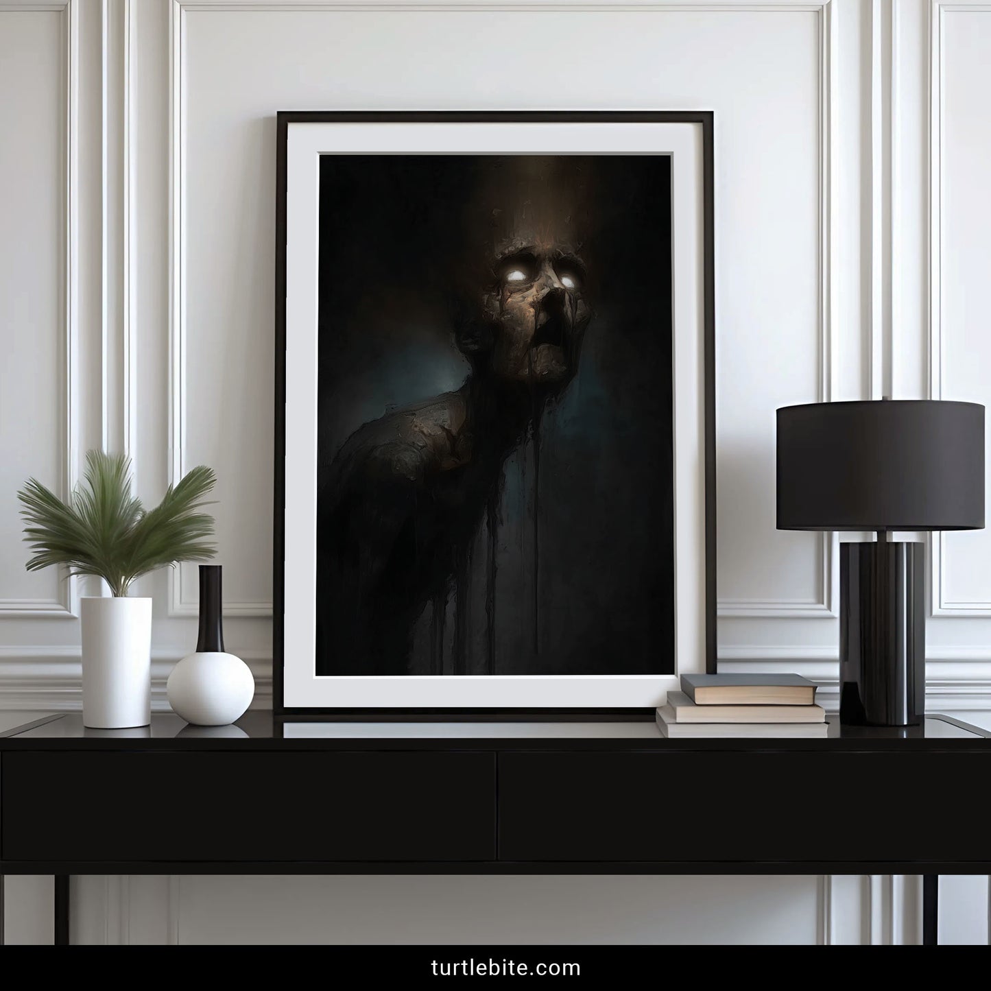 Macabre art print of haunting figure caught mid-realization with luminous eyes and decaying features