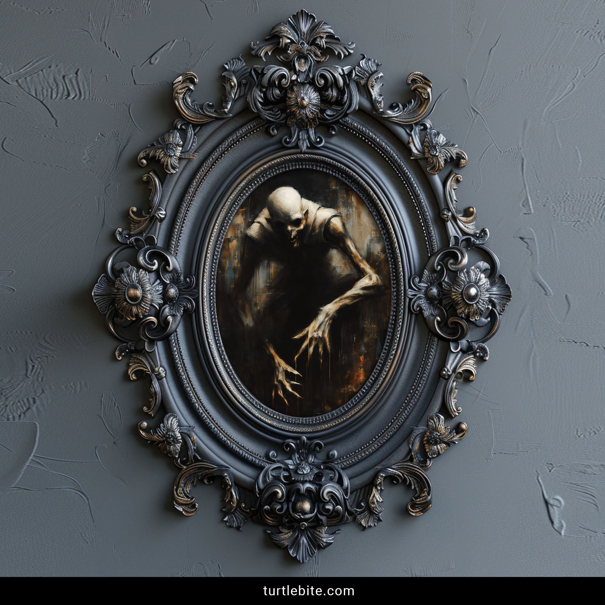 Dark macabre art print of elongated vampire monster with haunting atmospheric background