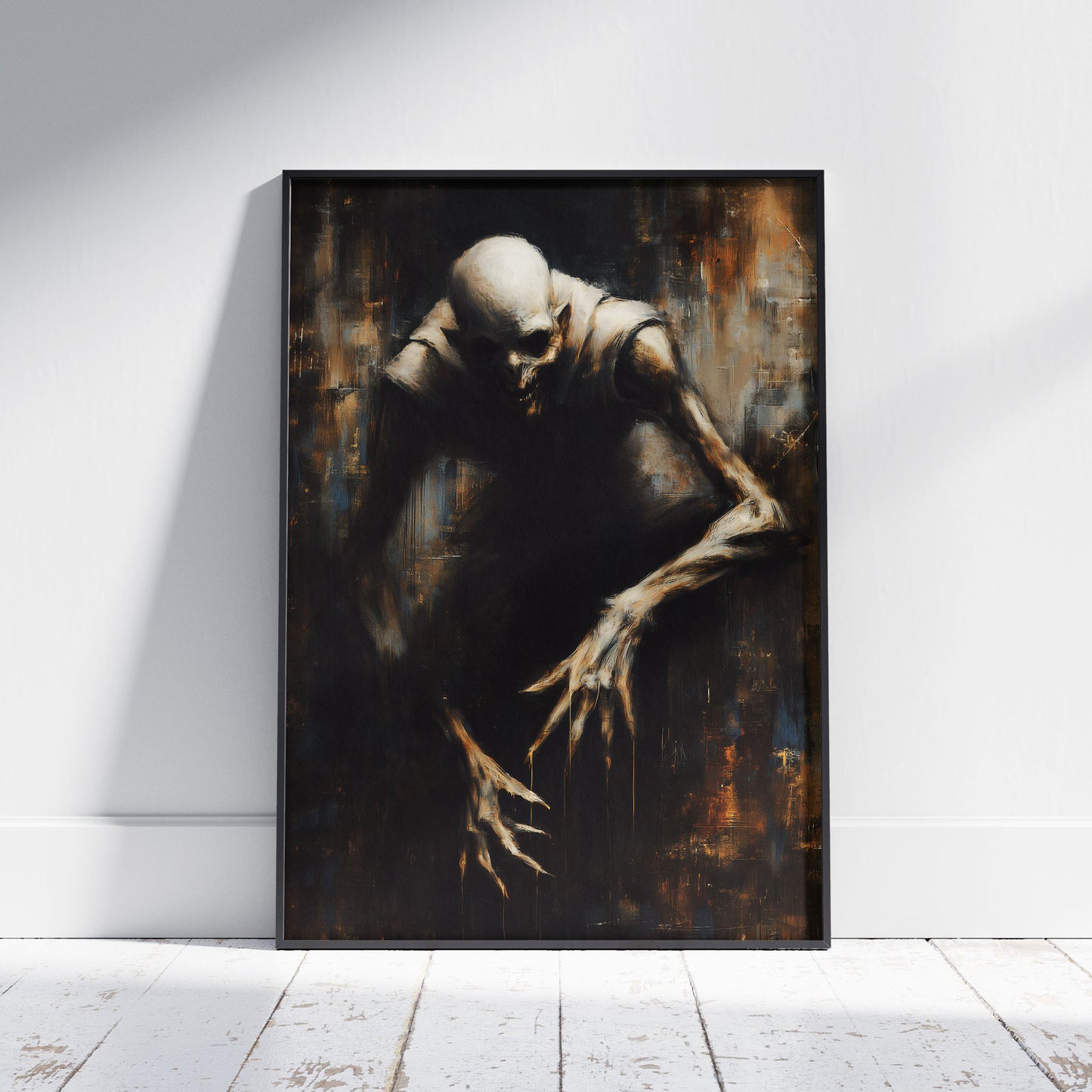 Nosferatu vampire gothic horror poster with gaunt figure and clawed hands in dark amber tones