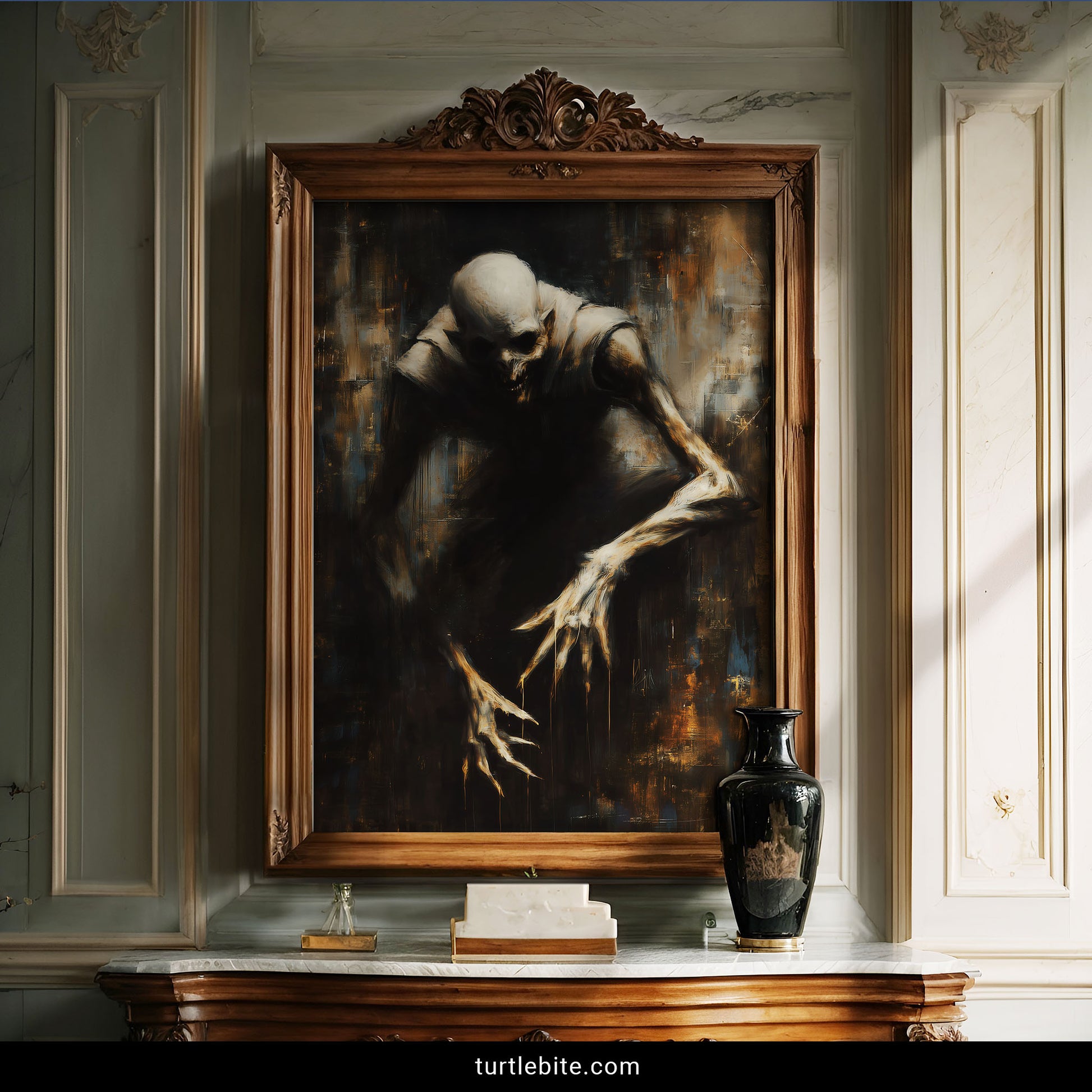 Gothic Nosferatu inspired horror painting with disturbing creature and shadowy amber aesthetic
