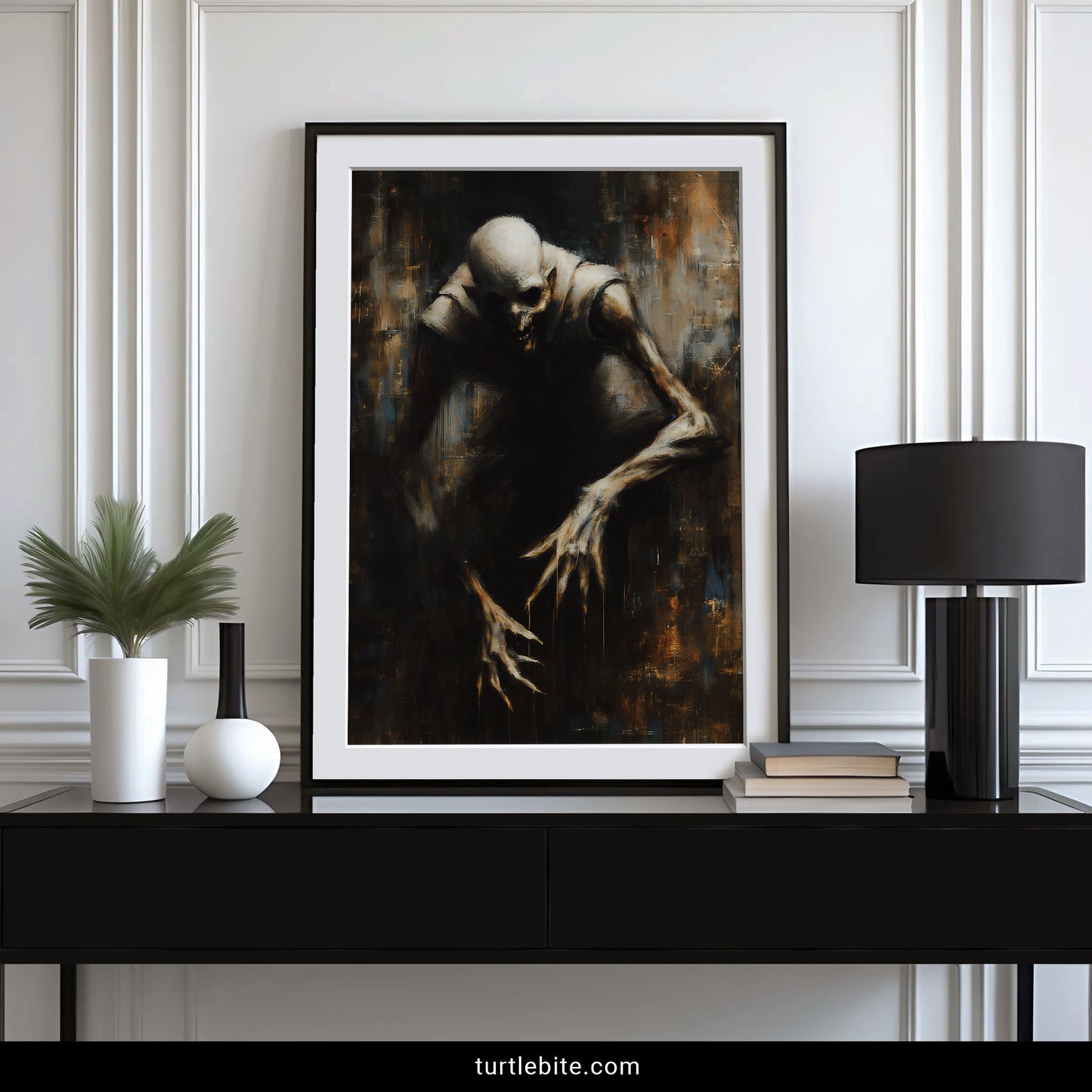 Gothic Nosferatu inspired horror painting with disturbing creature and shadowy amber aesthetic