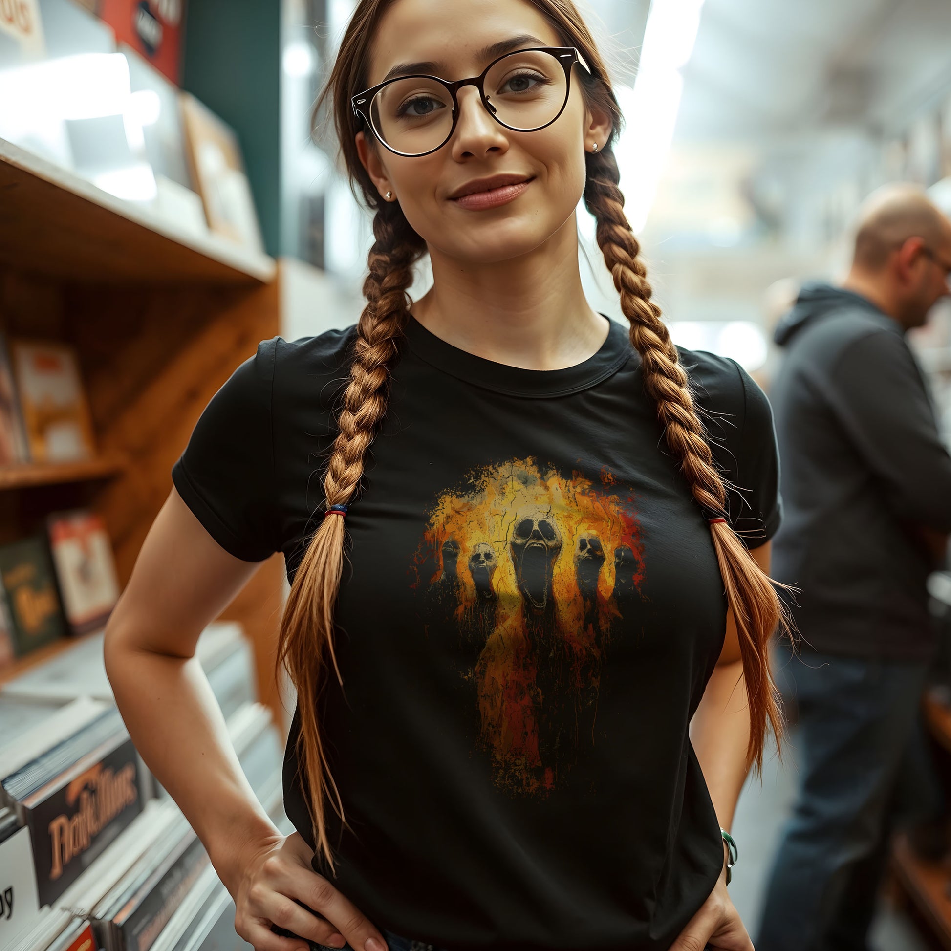 Nightmare t-shirt design showing multiple open-mouthed skull figures in fiery explosion, horror clothing