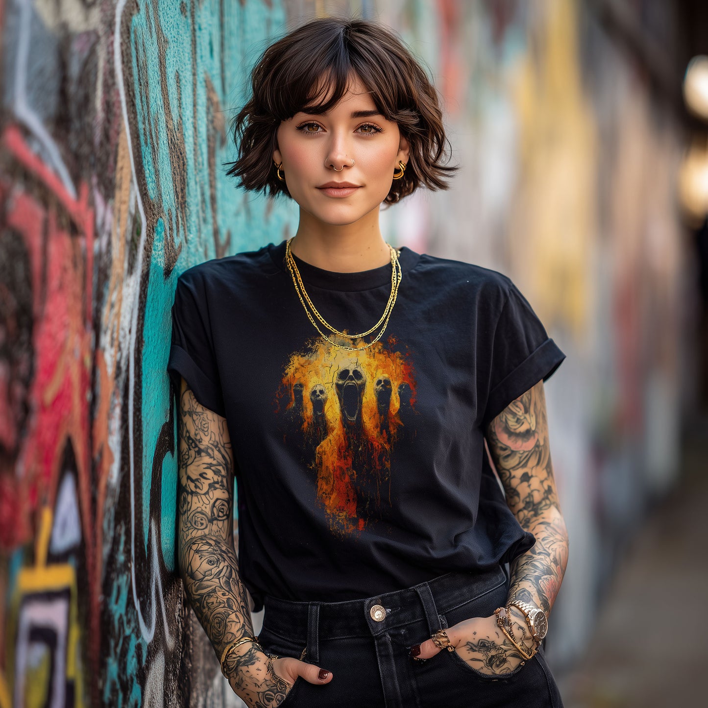 Screaming souls horror shirt with dripping flame texture and skull faces, dark gothic unisex tee