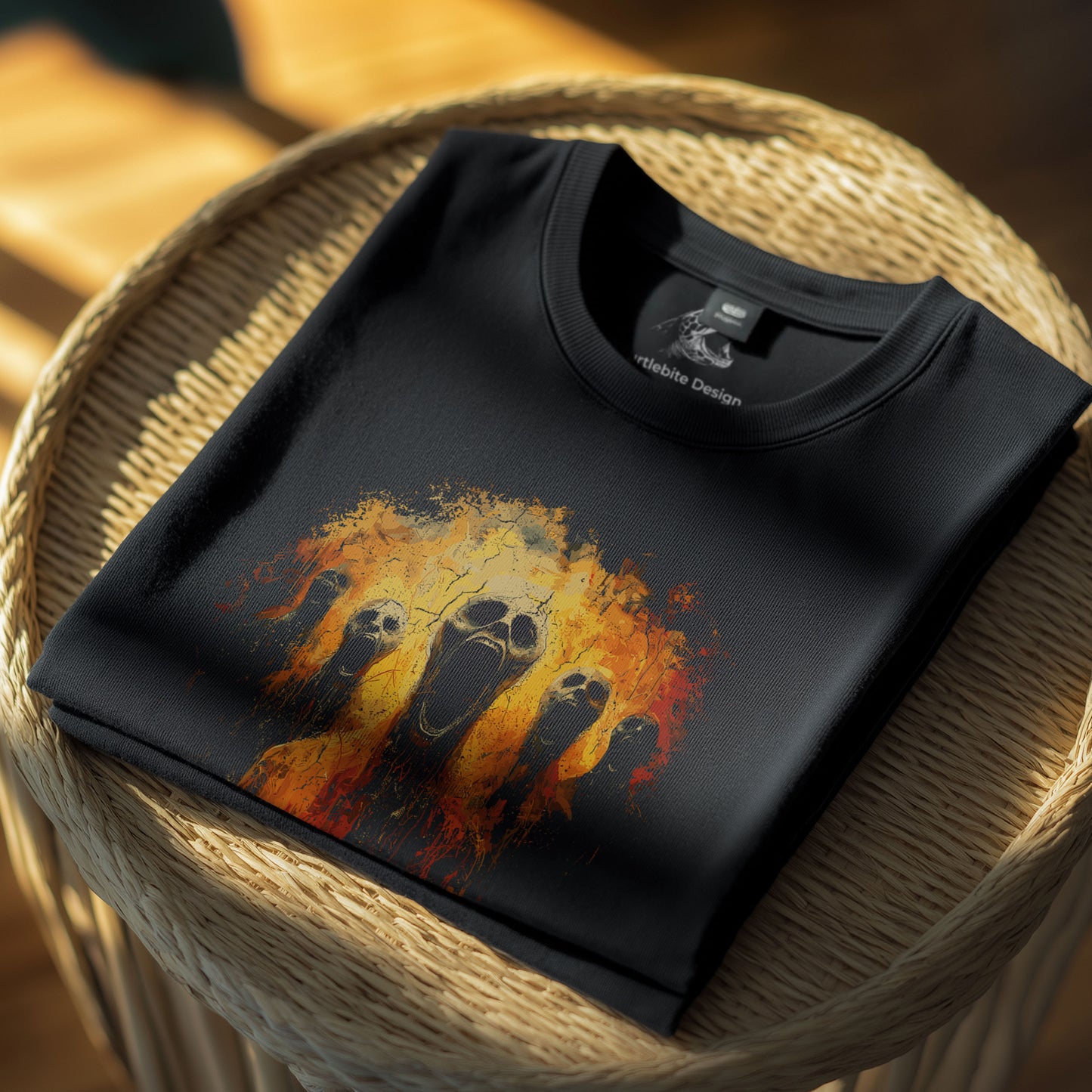 Gothic tee with visceral screaming skulls rising from cracked flame inferno, dark art unisex t-shirt