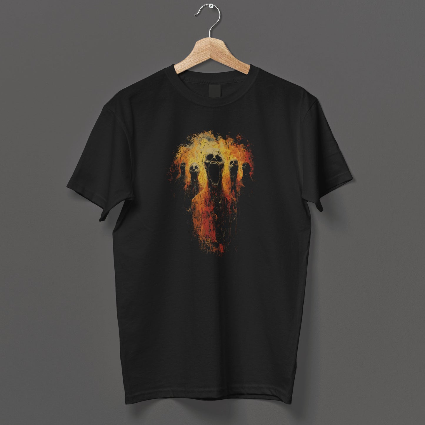 Dark souls inspired horror gift t-shirt featuring hellfire skulls and raw macabre art on black tee