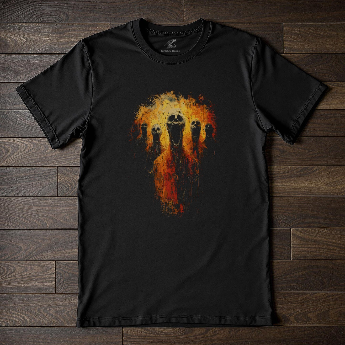 Dark art horror shirt featuring five screaming skull-faced souls engulfed in orange and red hellfire on black background