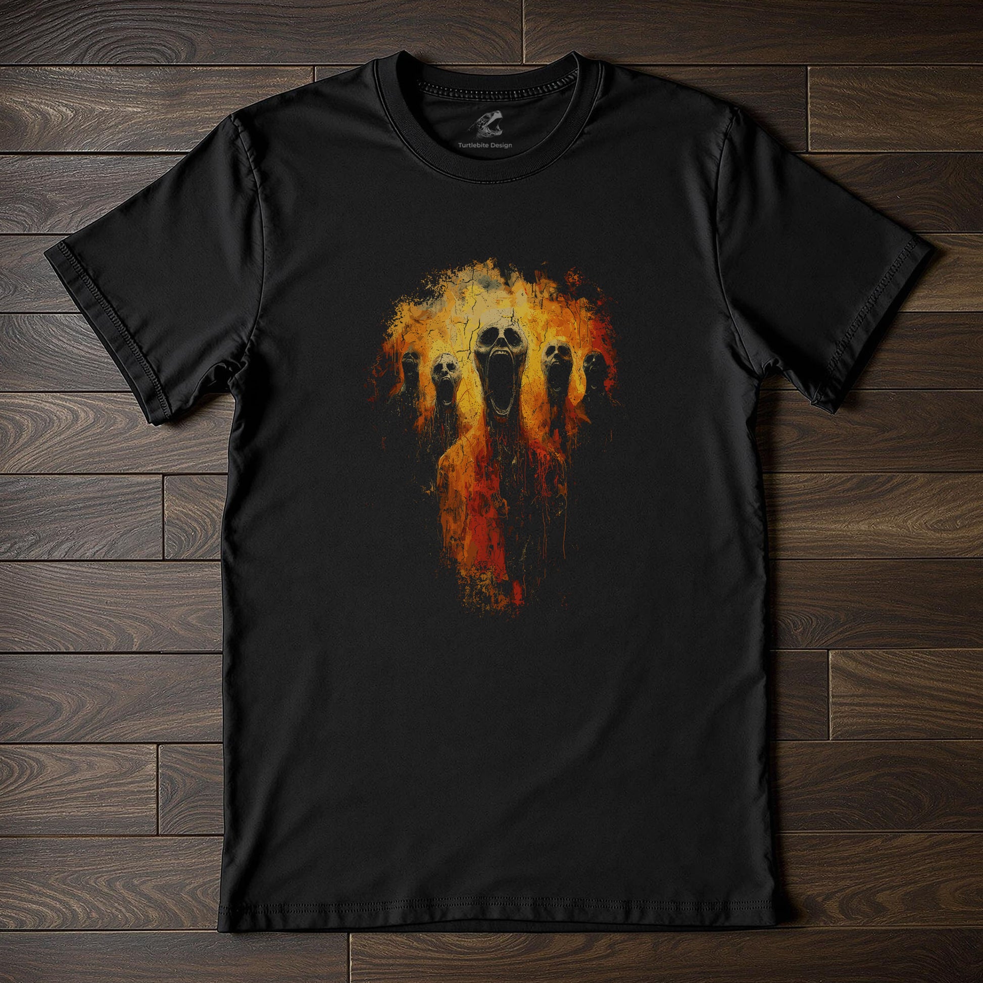 Dark art horror shirt featuring five screaming skull-faced souls engulfed in orange and red hellfire on black background