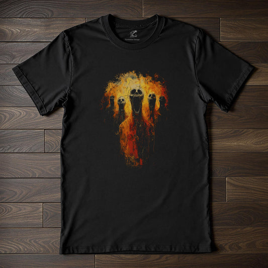 Dark art horror shirt featuring five screaming skull-faced souls engulfed in orange and red hellfire on black background