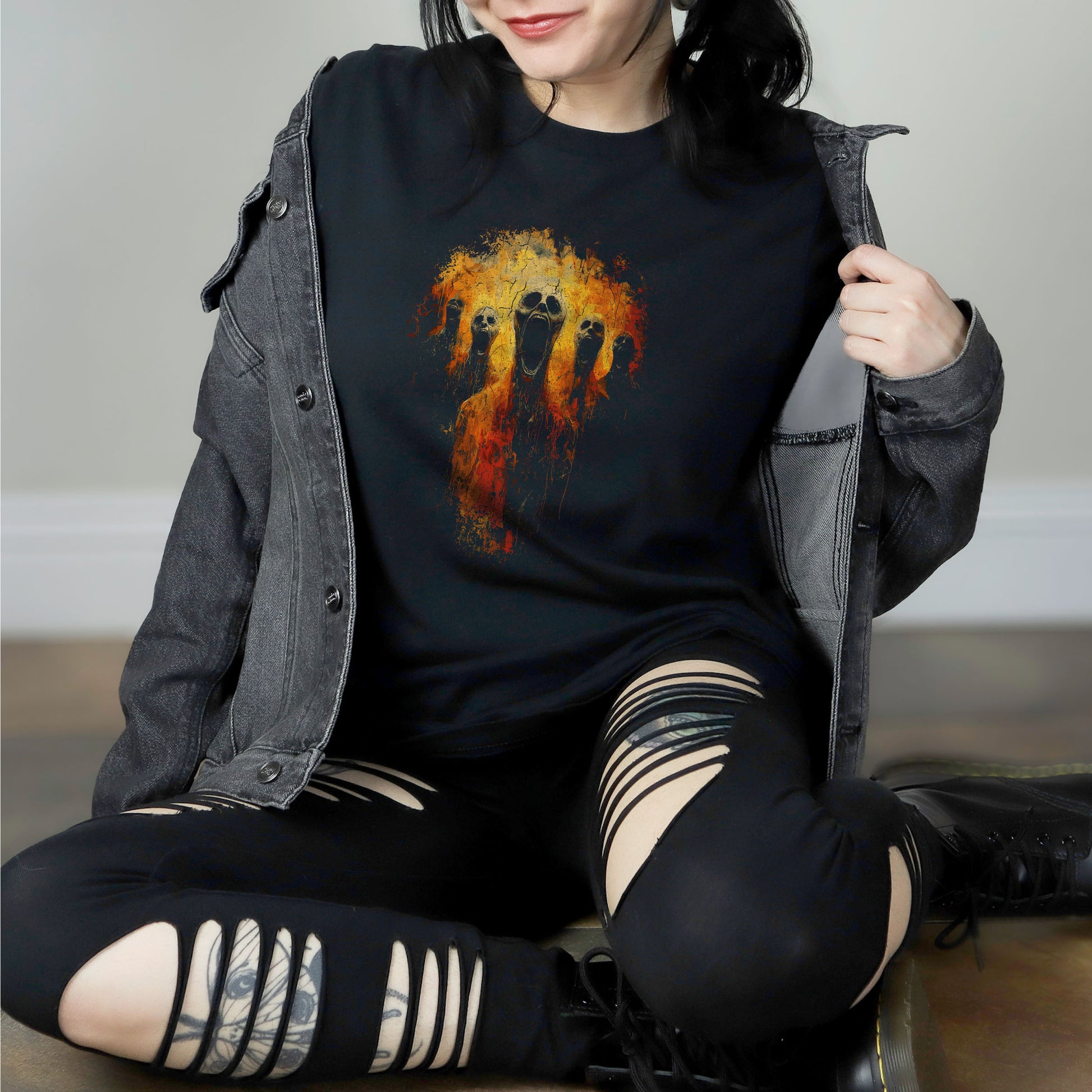 Dark souls inspired horror gift t-shirt featuring hellfire skulls and raw macabre art on black tee