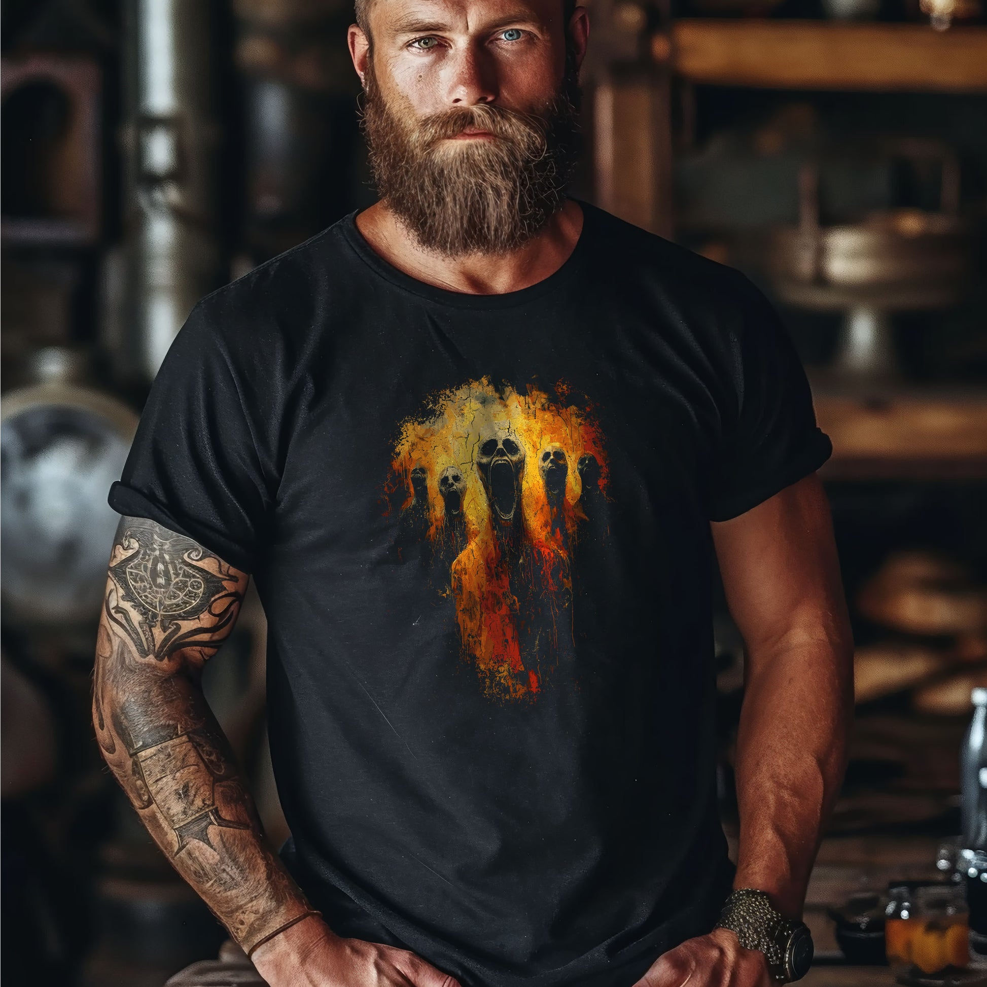 Screaming souls horror shirt with dripping flame texture and skull faces, dark gothic unisex tee