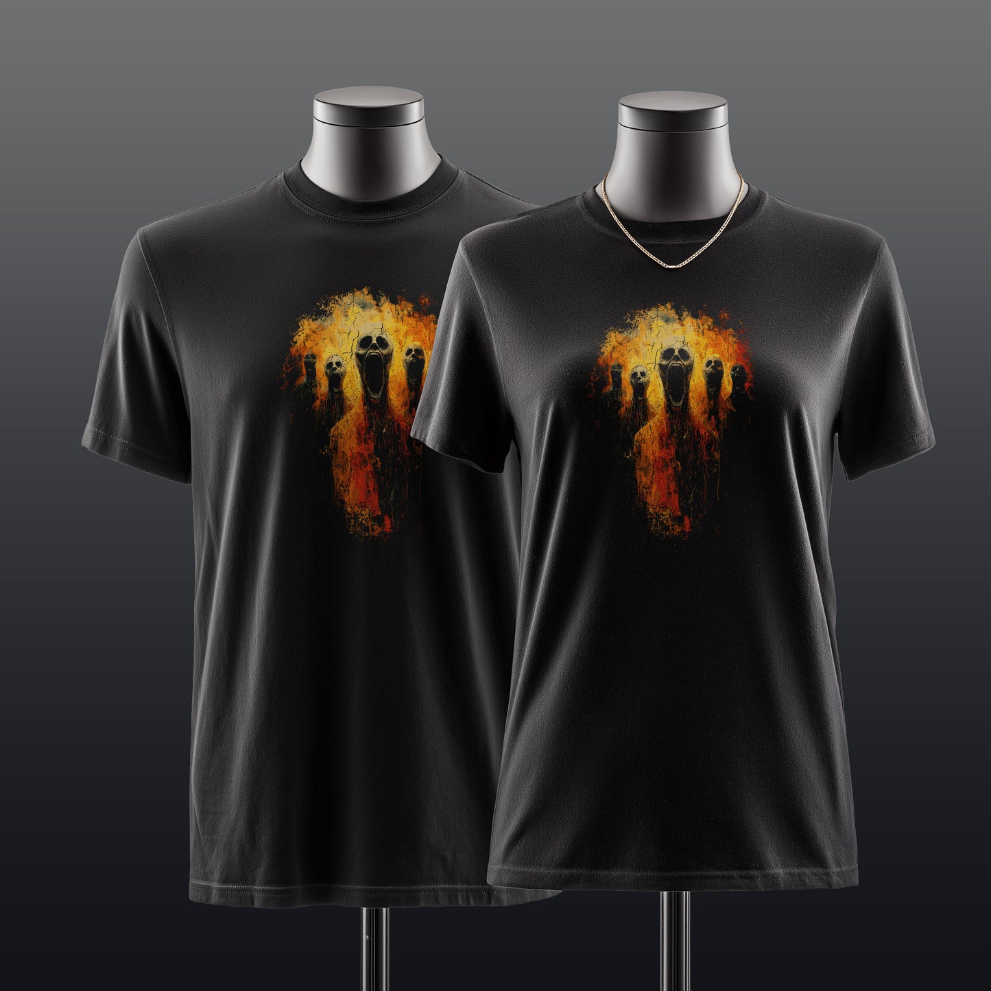 Nightmare t-shirt design showing multiple open-mouthed skull figures in fiery explosion, horror clothing