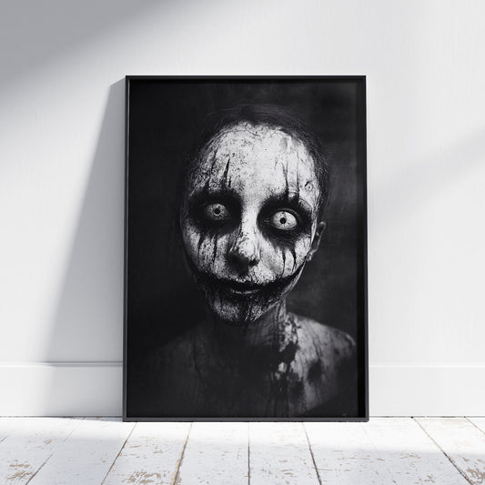 Horror wall art print featuring creepy portrait with hollow eyes in black and white