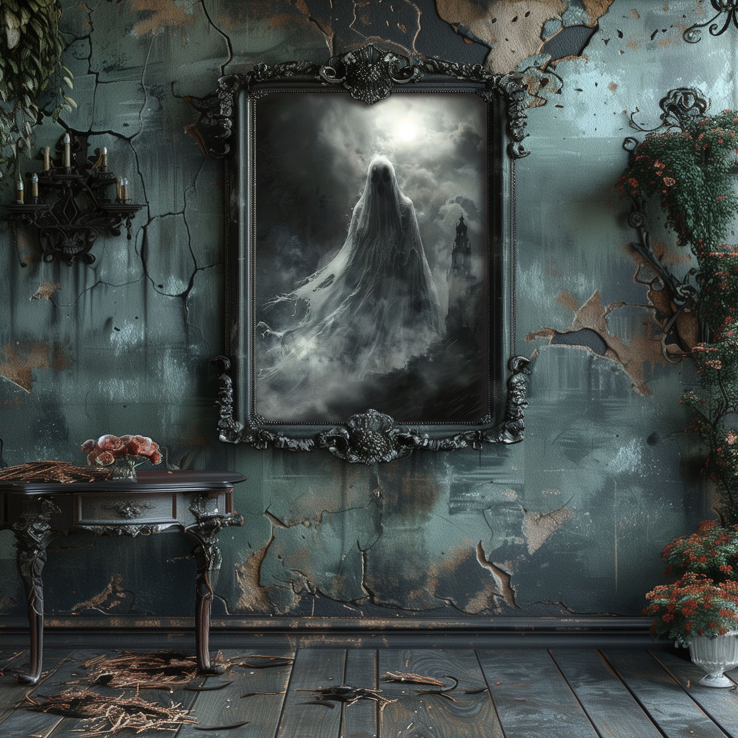 Huge Ghost Rising in Front of Castle - Spooky Gothic Wall Art