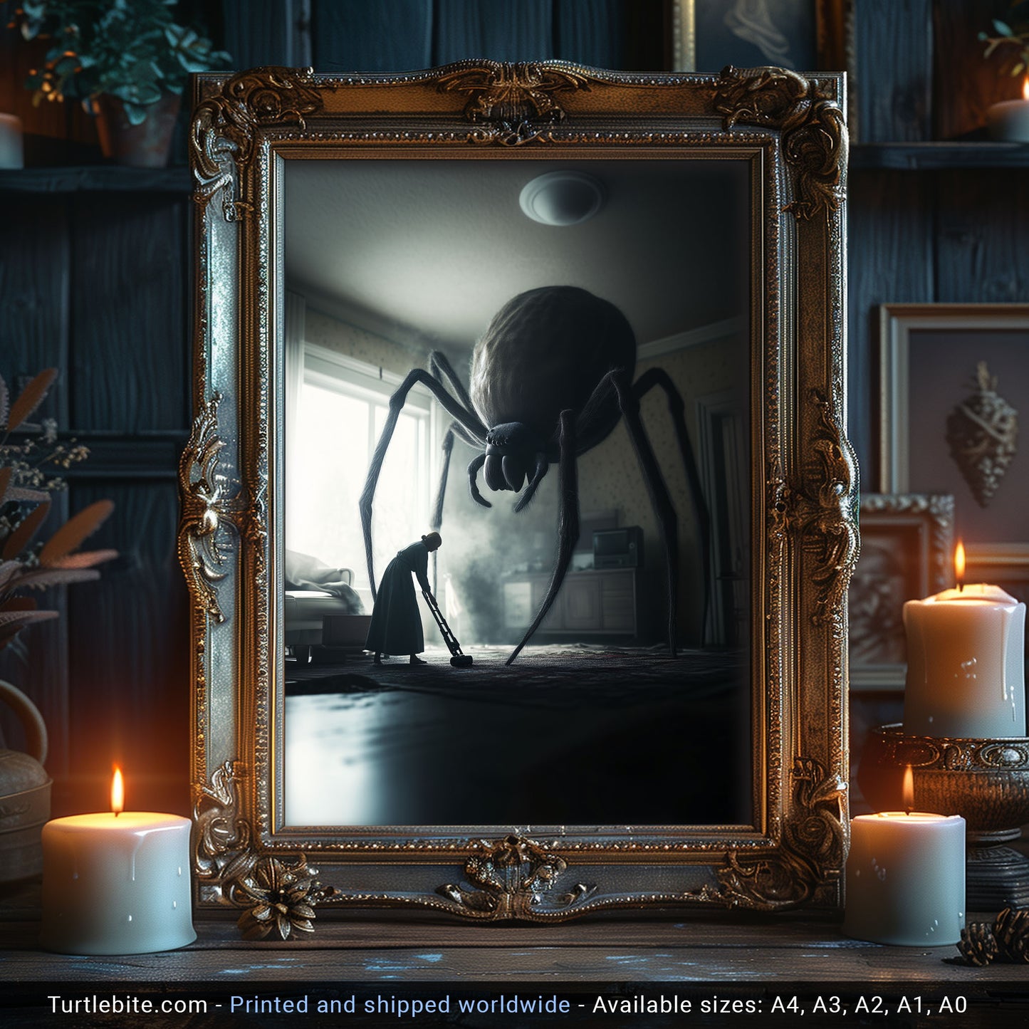 Huge Spider being disturbed by Vacuum Cleaner, Dark Art Poster Print, Gothic Wall Art