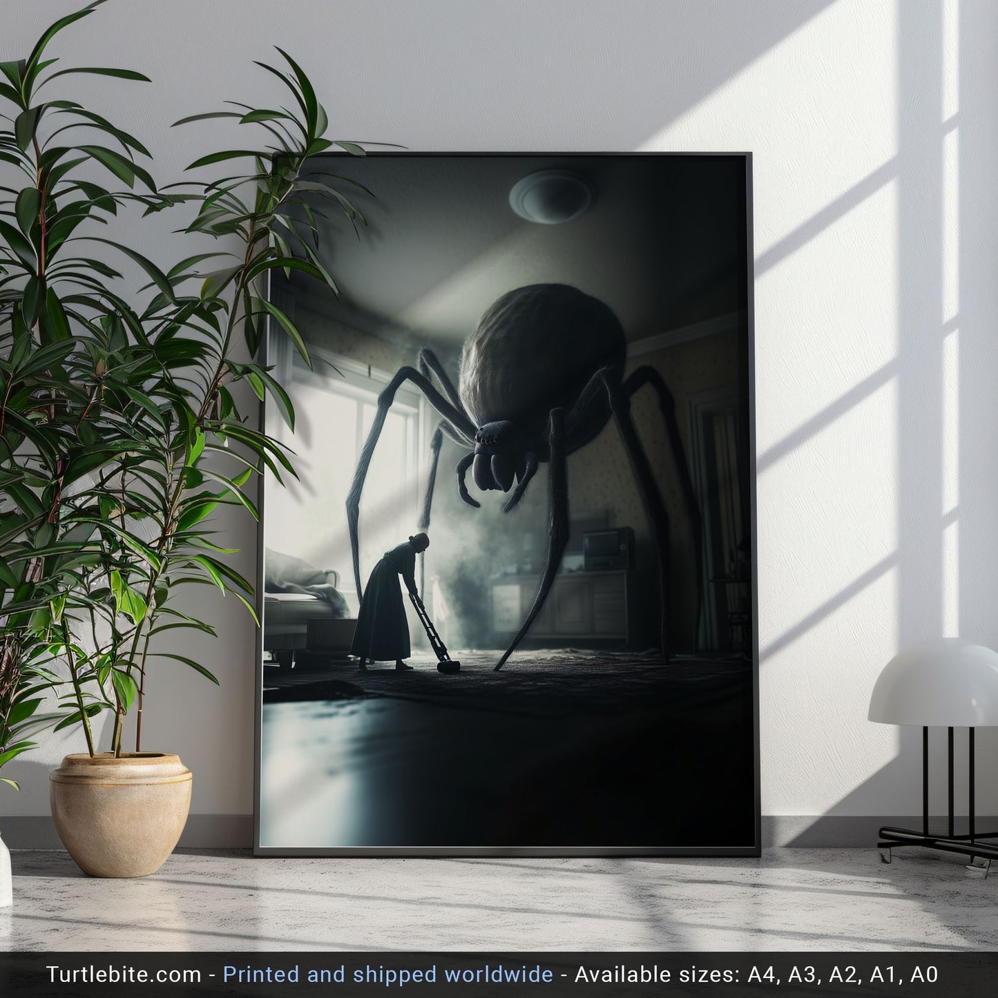 Huge Spider being disturbed by Vacuum Cleaner, Dark Art Poster Print, Gothic Wall Art