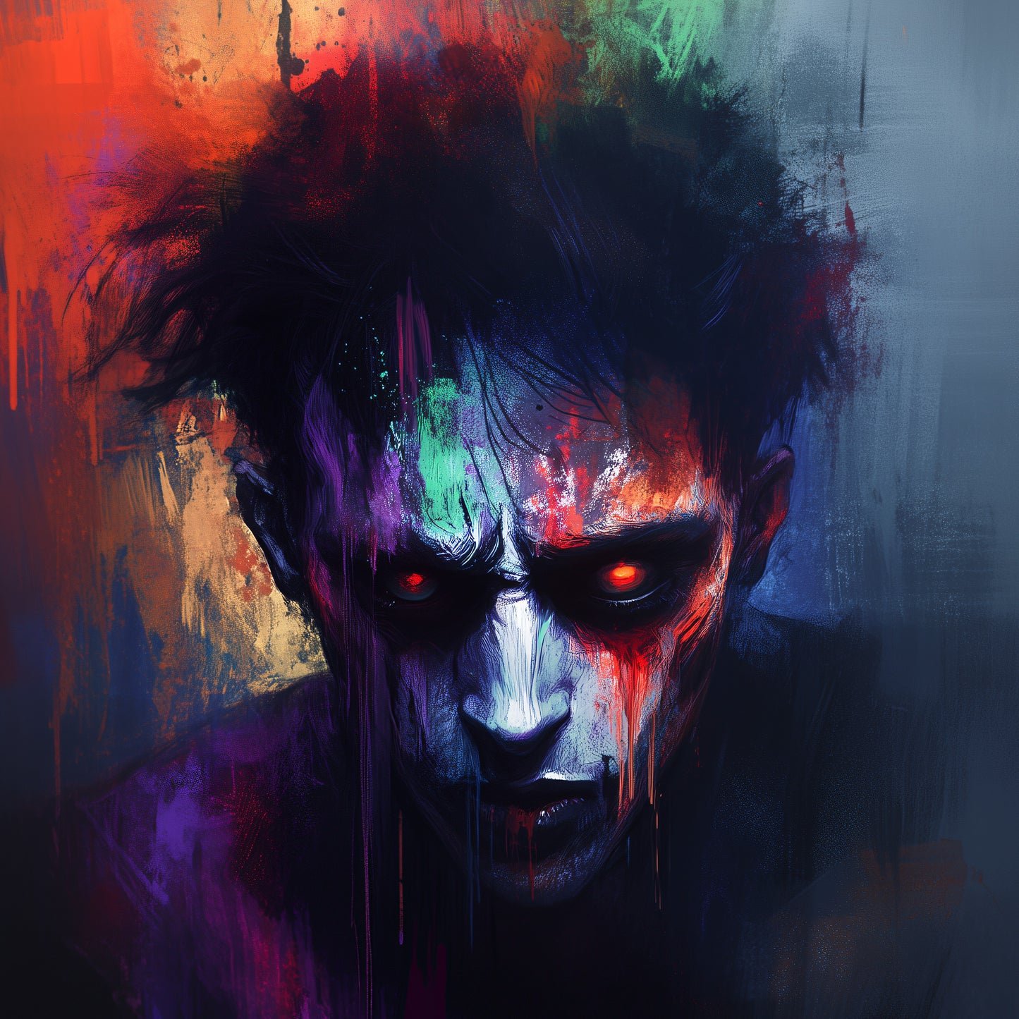 Dark Rainbow Zombie Painting Poster, Moody Wall Art Watching you, Creepy Colorful Print