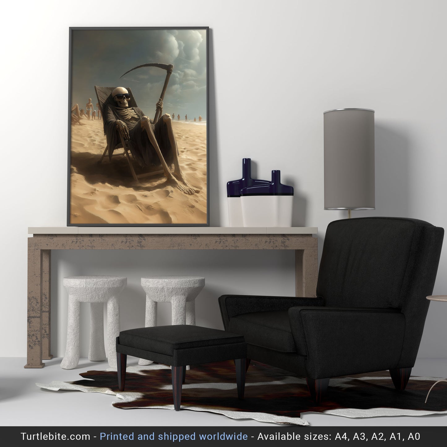 Grim Reaper on Holiday Painting Print, Dark Skeleton Wall Art, Moody Skull Poster