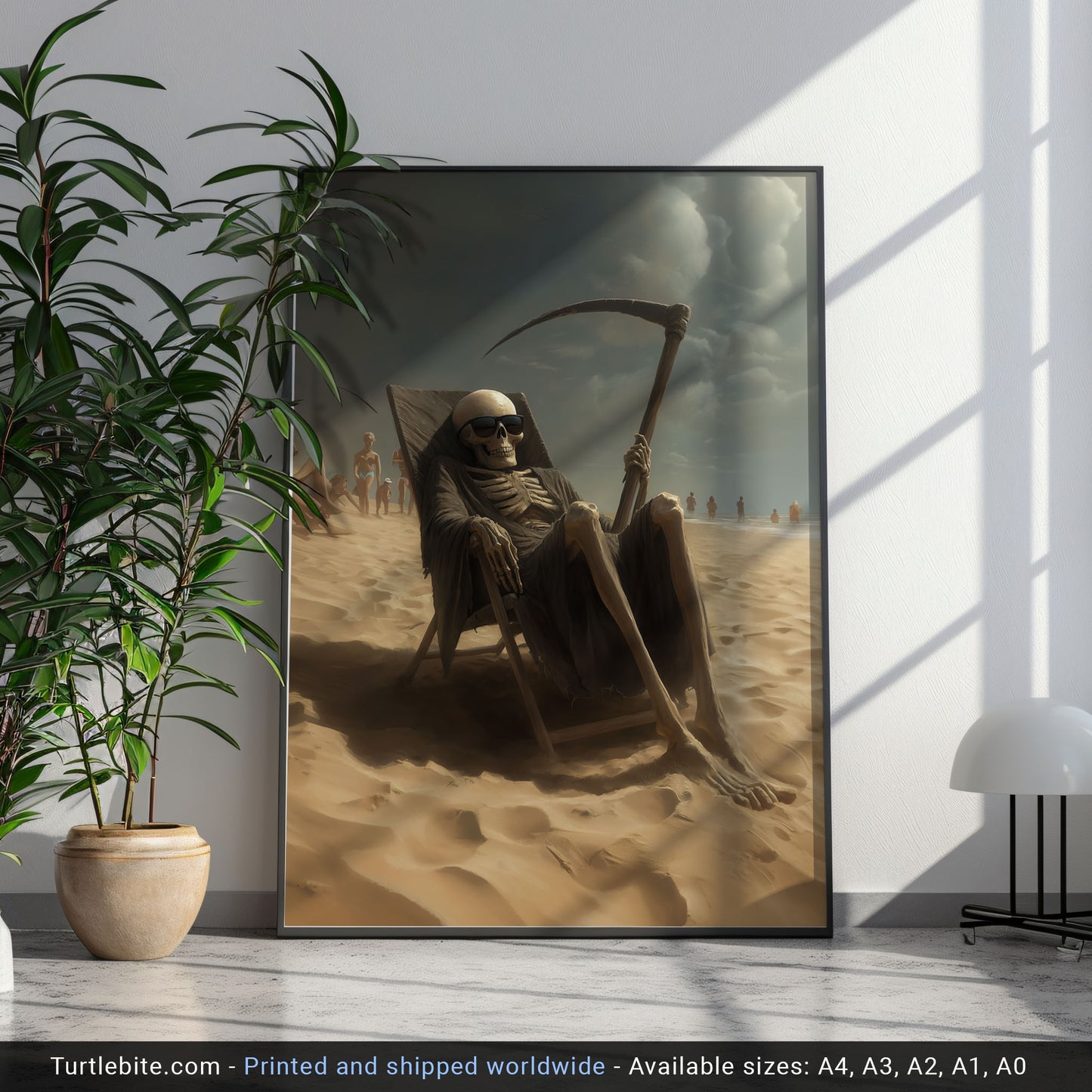 Grim Reaper on Holiday Painting Print, Dark Skeleton Wall Art, Moody Skull Poster