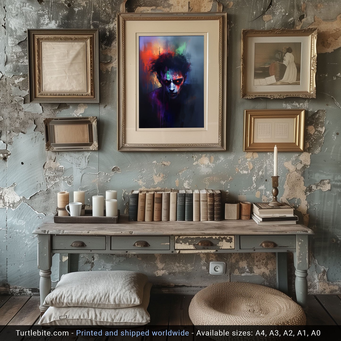 Dark Rainbow Zombie Painting Poster, Moody Wall Art Watching you, Creepy Colorful Print