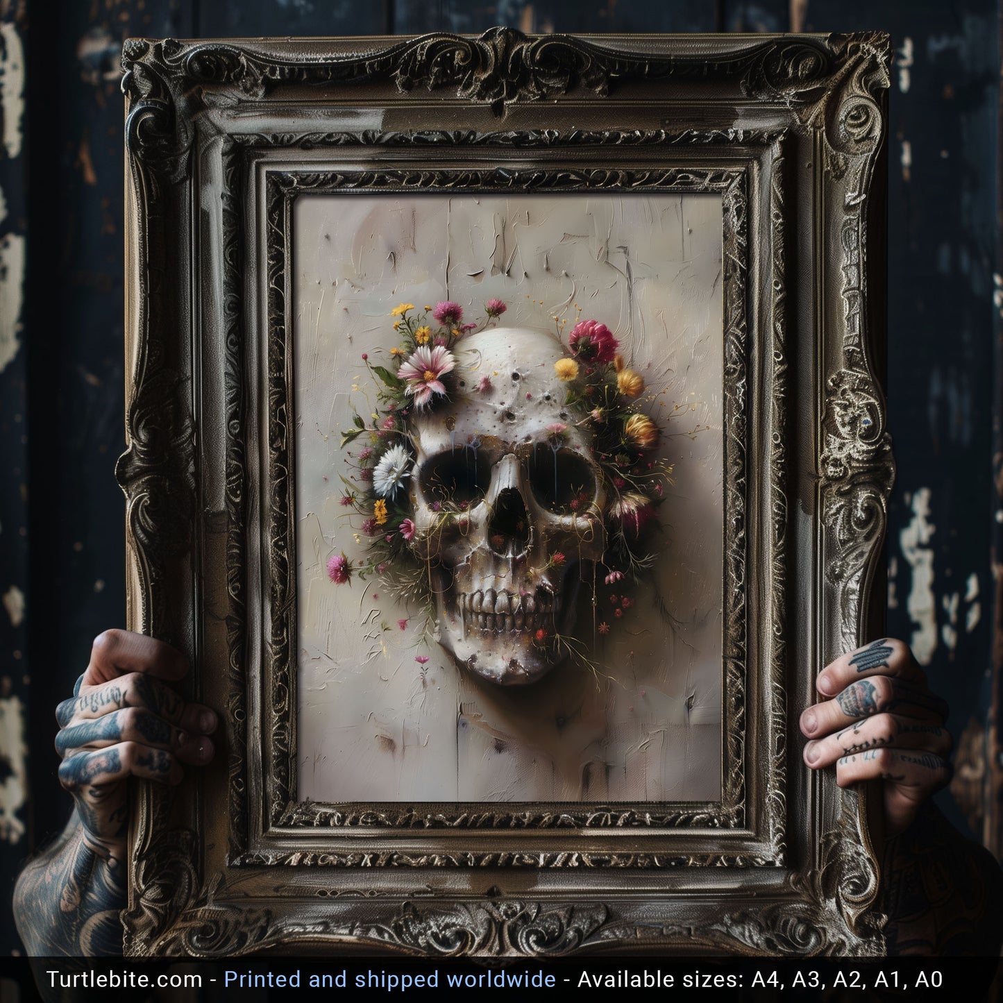 Creepy Gothic Floral Skull Painting - Dark Fine Art Poster Print