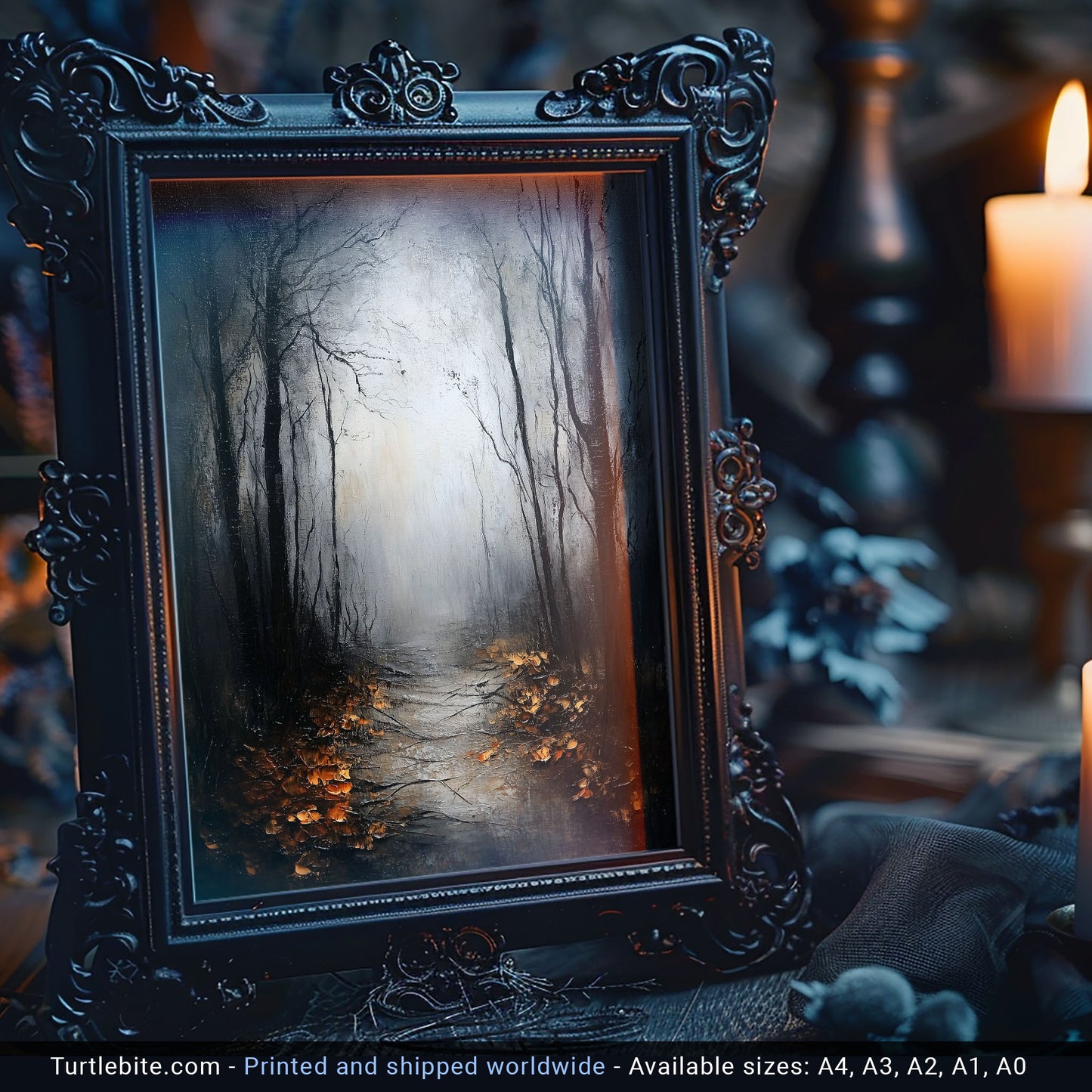 Dark Forest Wall Art Poster Print with Mysterious Foggy Path and Autumn Leaves